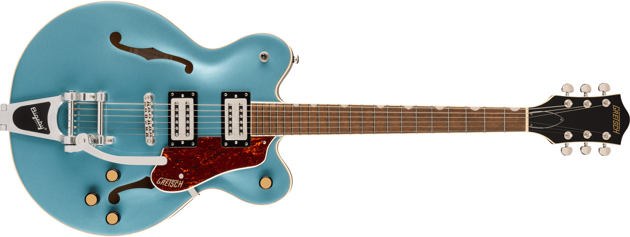 Metallic blue Gretsch electric guitar with semi-hollow body, two humbucker pickups, Bigsby tremolo, tortoiseshell pickguard, and chrome hardware.