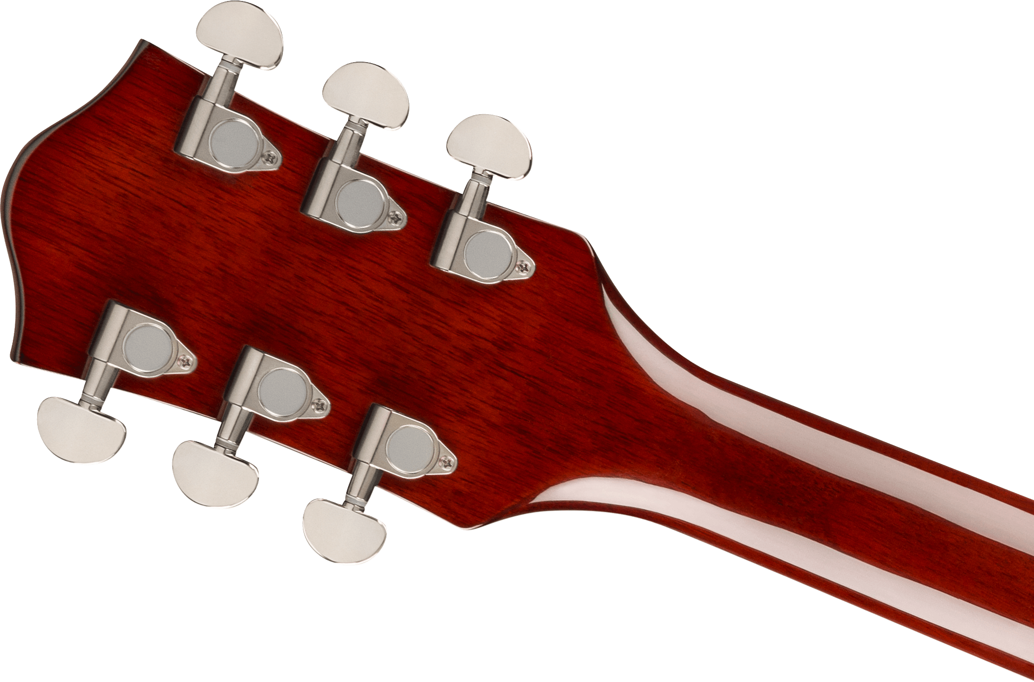 Six silver tuning pegs on a glossy, reddish brown electric guitar headstock and neck, viewed from the back.