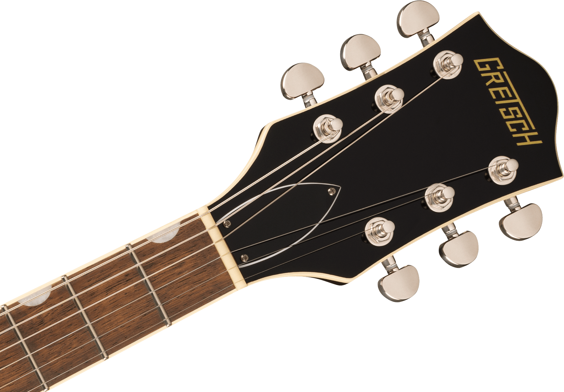 Electric guitar headstock with six chrome tuning pegs, black finish, "Gretsch" logo in gold, and brown fretboard with white inlays.