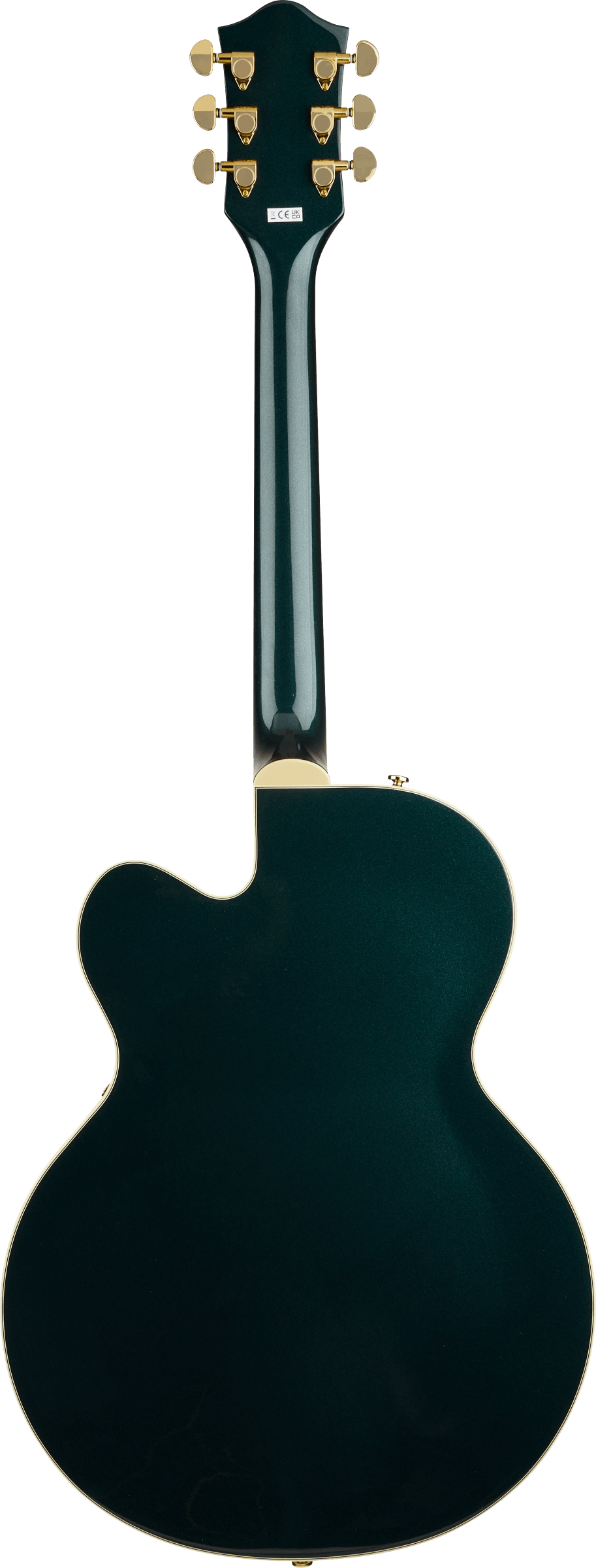 Dark green electric guitar seen from the back, with gold tuning pegs and cream binding outlining the curved body and neck.