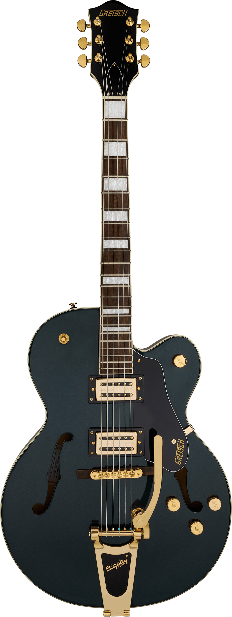 Gretsch electric guitar with a dark body, gold hardware, two humbucker pickups, white rectangular fret inlays, and a Bigsby tremolo system.