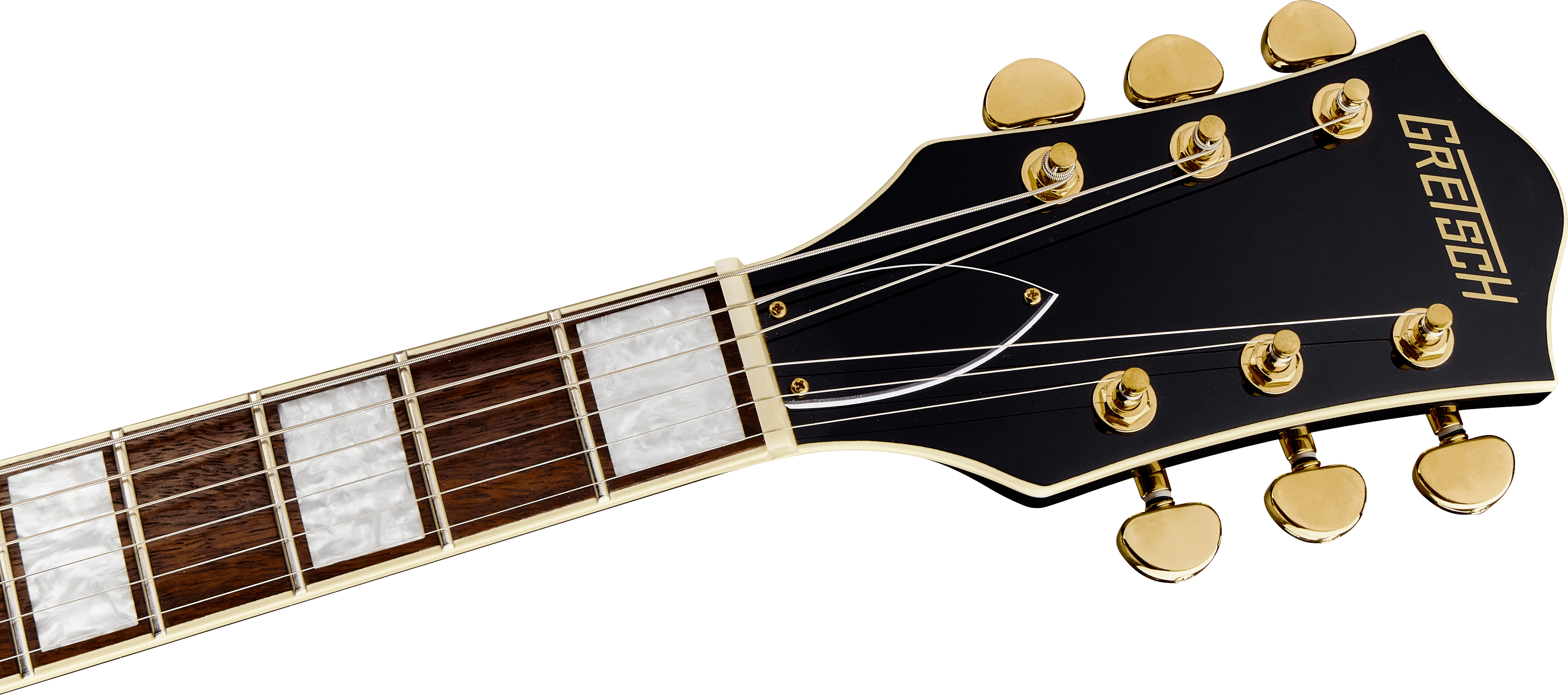 Headstock of a Gretsch electric guitar with gold tuning pegs, black finish, and large pearloid inlays on a dark brown fretboard.