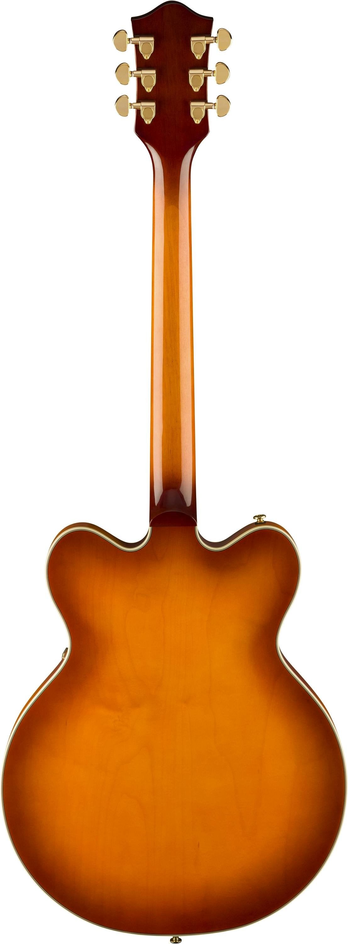 Sunburst-finish electric guitar viewed from the back, featuring a wide double-cutaway body and gold tuning pegs.