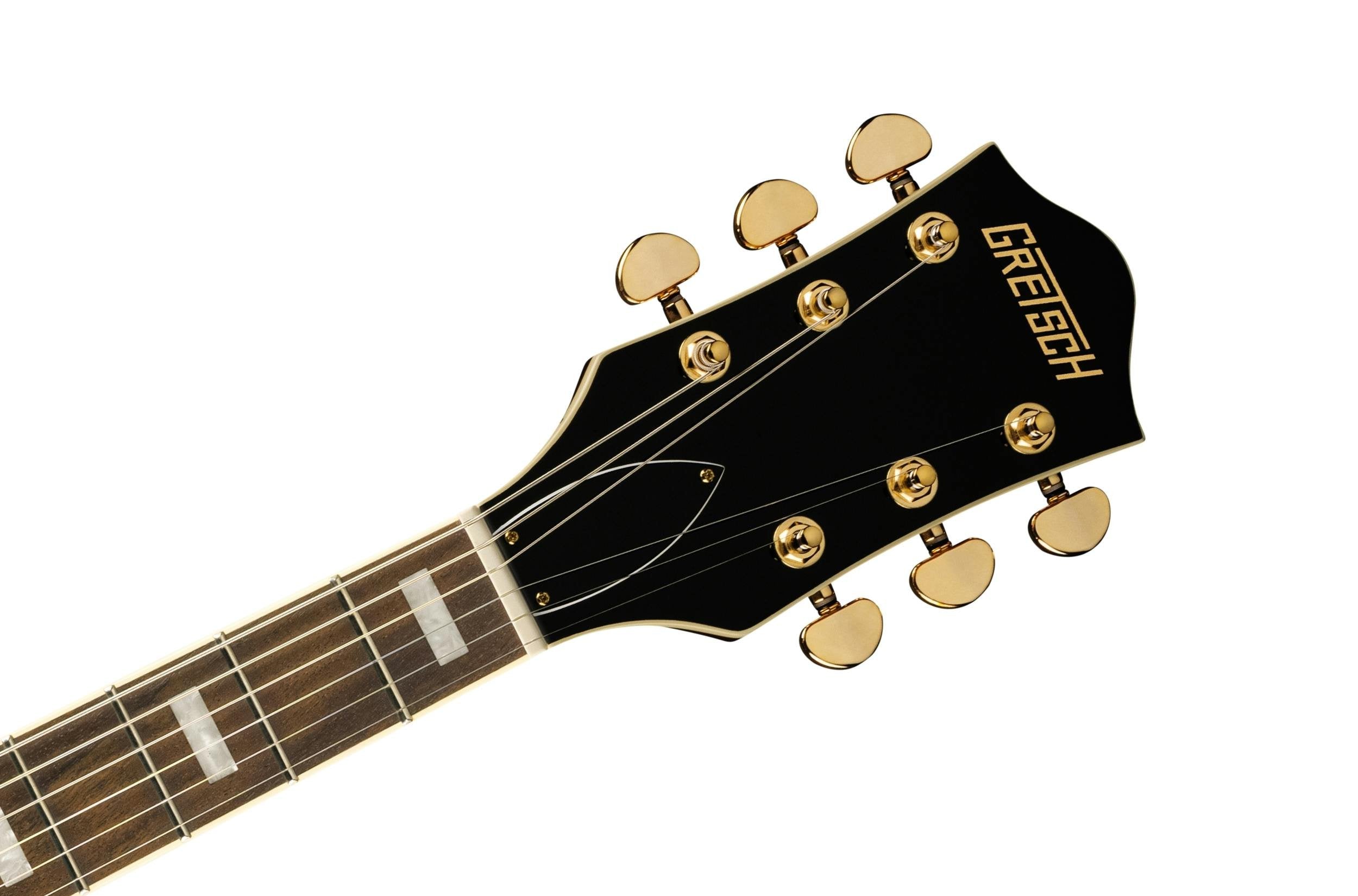 Gretsch electric guitar headstock with black finish, gold tuning pegs, and logo; part of the neck with rectangular inlays is visible.