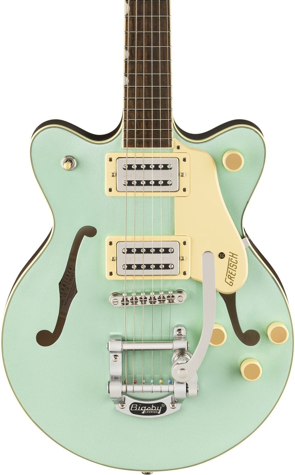 Mint green electric guitar with two silver pickups, cream pickguard, Bigsby tremolo, and gold knobs; semi-hollow body with f-shaped sound holes.
