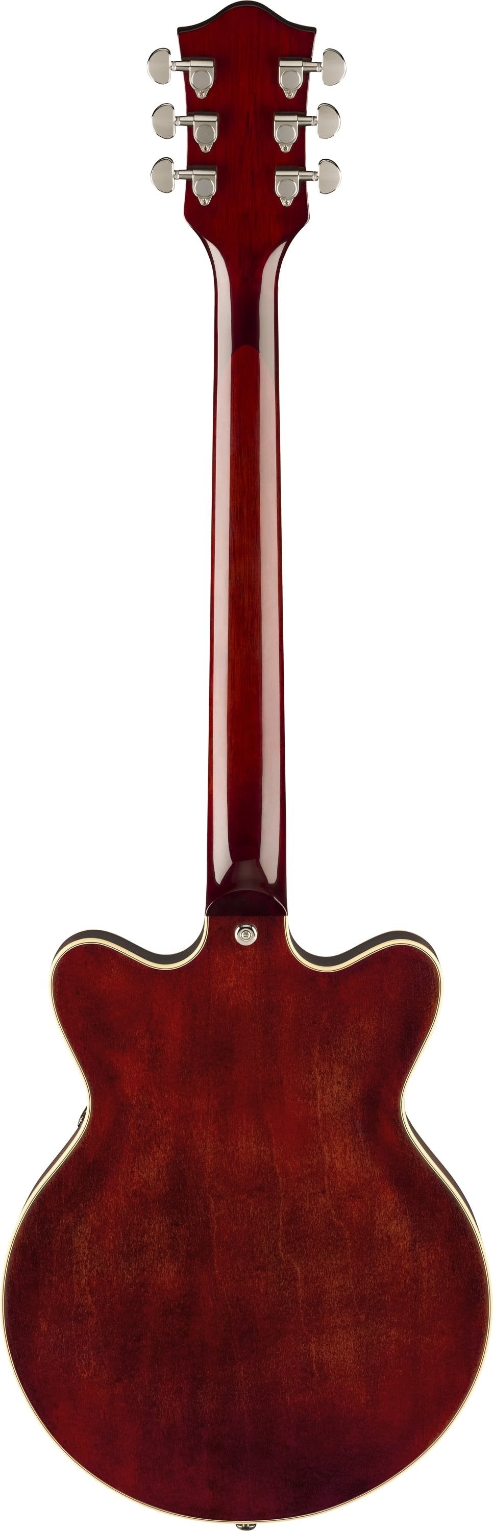 Back view of a dark cherry red electric guitar with six chrome tuners and cream binding along the body edges.