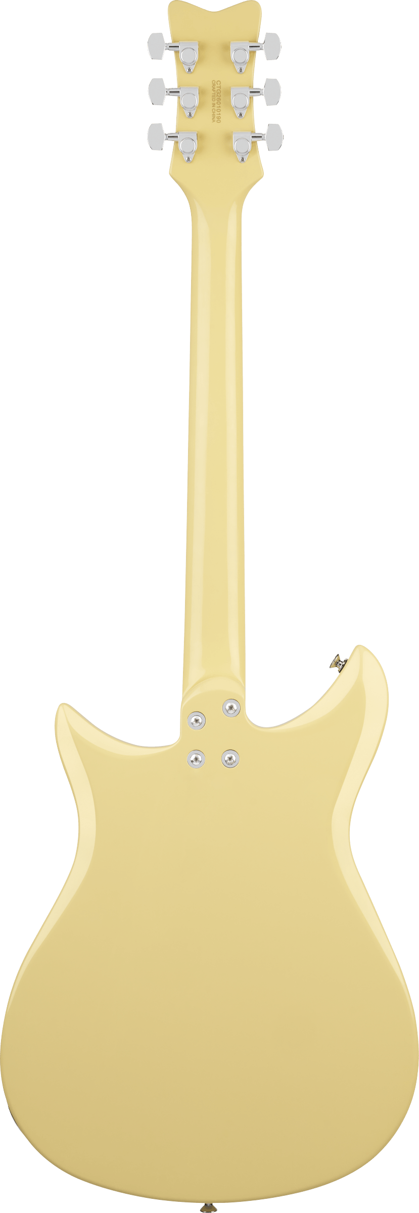 Cream-colored electric guitar viewed from the back, showing a smooth finish, six metal tuners, and four neck bolts near the body joint.