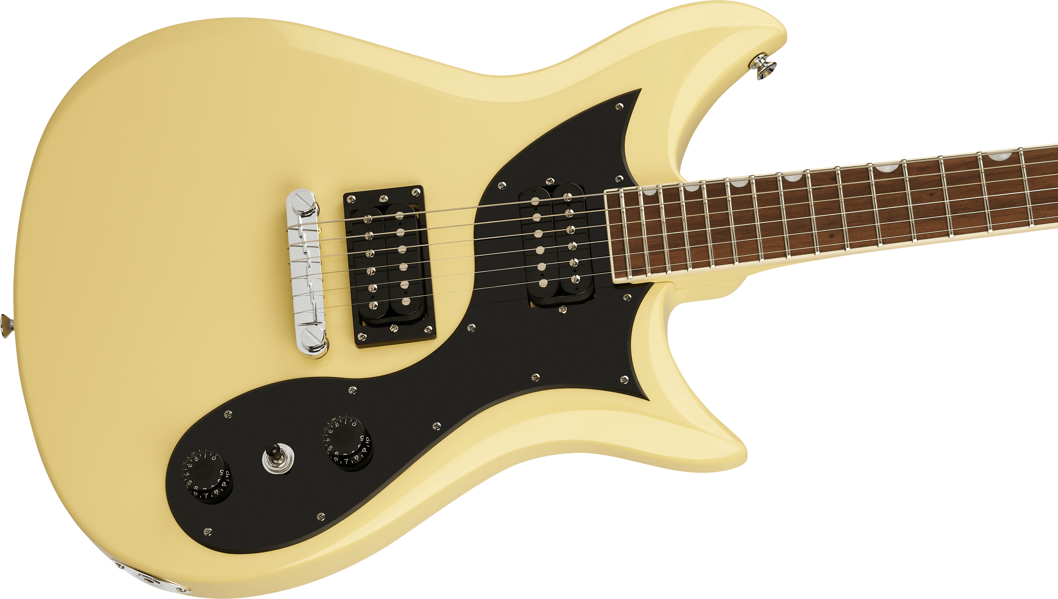 Cream-colored electric guitar with two black humbucker pickups, black pickguard, two control knobs, and a rosewood fretboard.