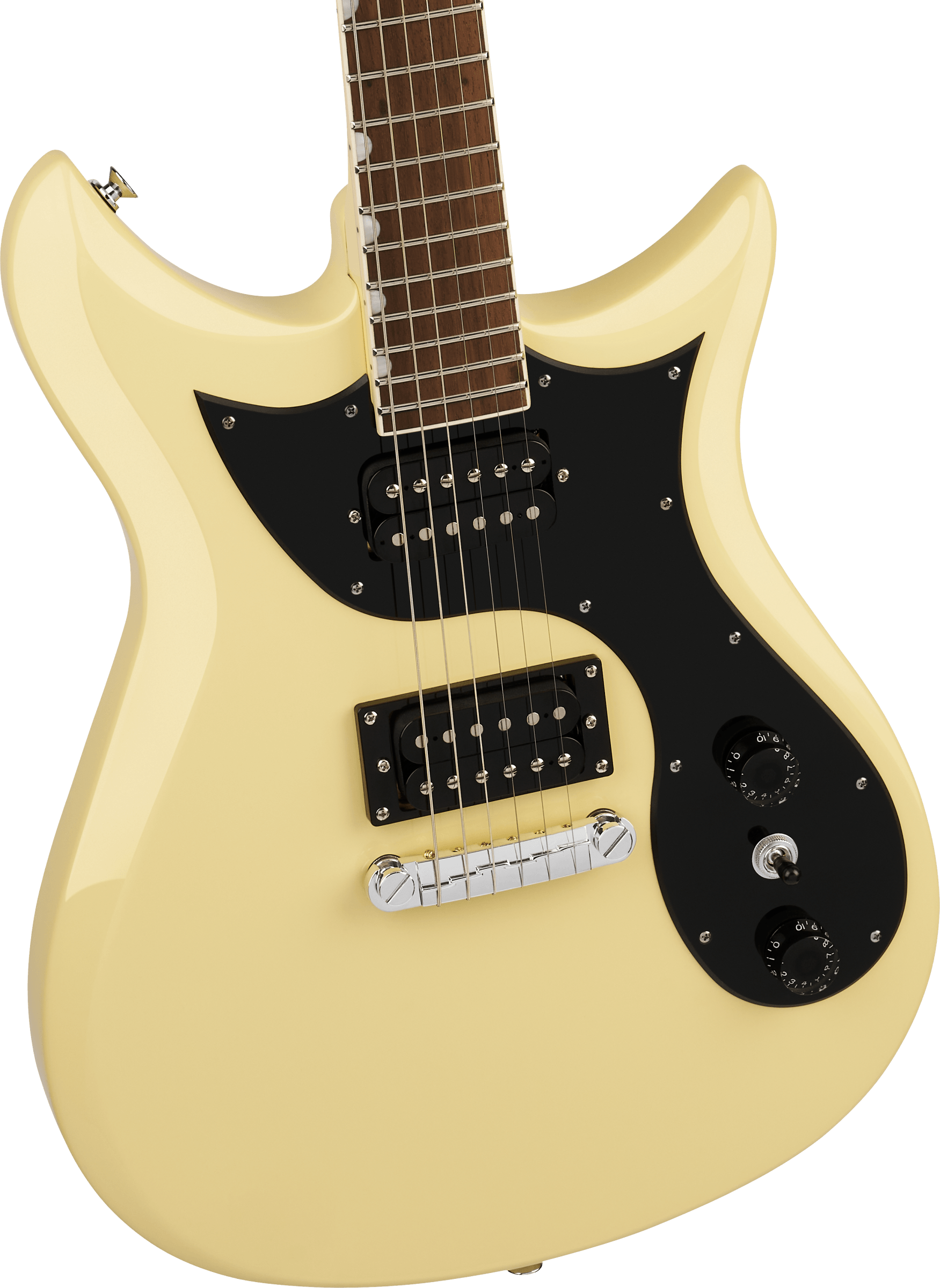 Cream-colored electric guitar with a black pickguard, two humbucker pickups, three control knobs, and a silver bridge.