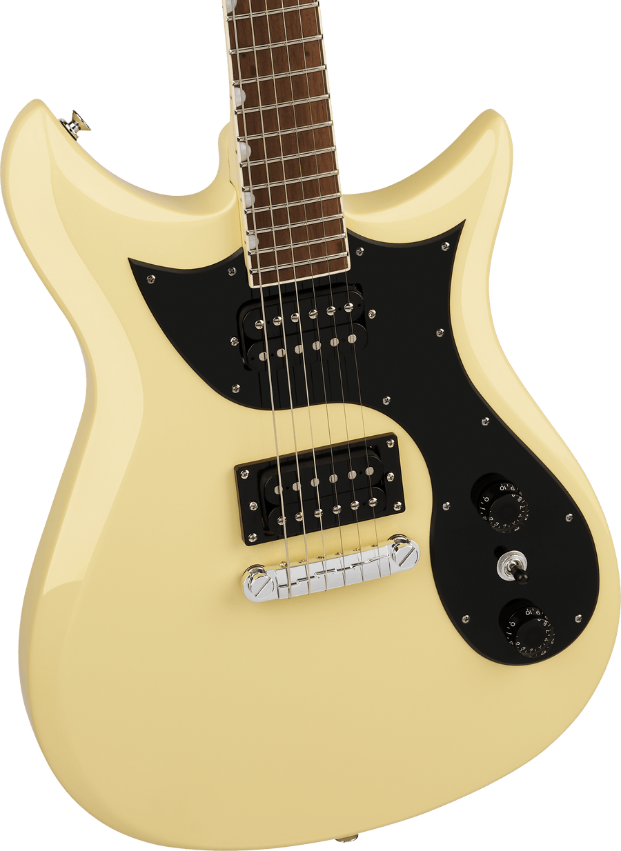 Cream-colored electric guitar with a black pickguard, two humbucker pickups, three control knobs, and a silver bridge.