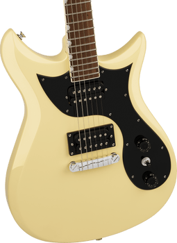 Cream-colored electric guitar with a black pickguard, two humbucker pickups, three control knobs, and a silver bridge.