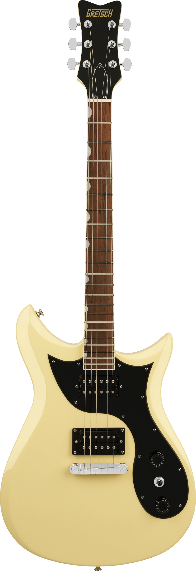 Gretsch electric guitar in cream with double cutaway body, black pickguard, two humbucker pickups, and chrome hardware.