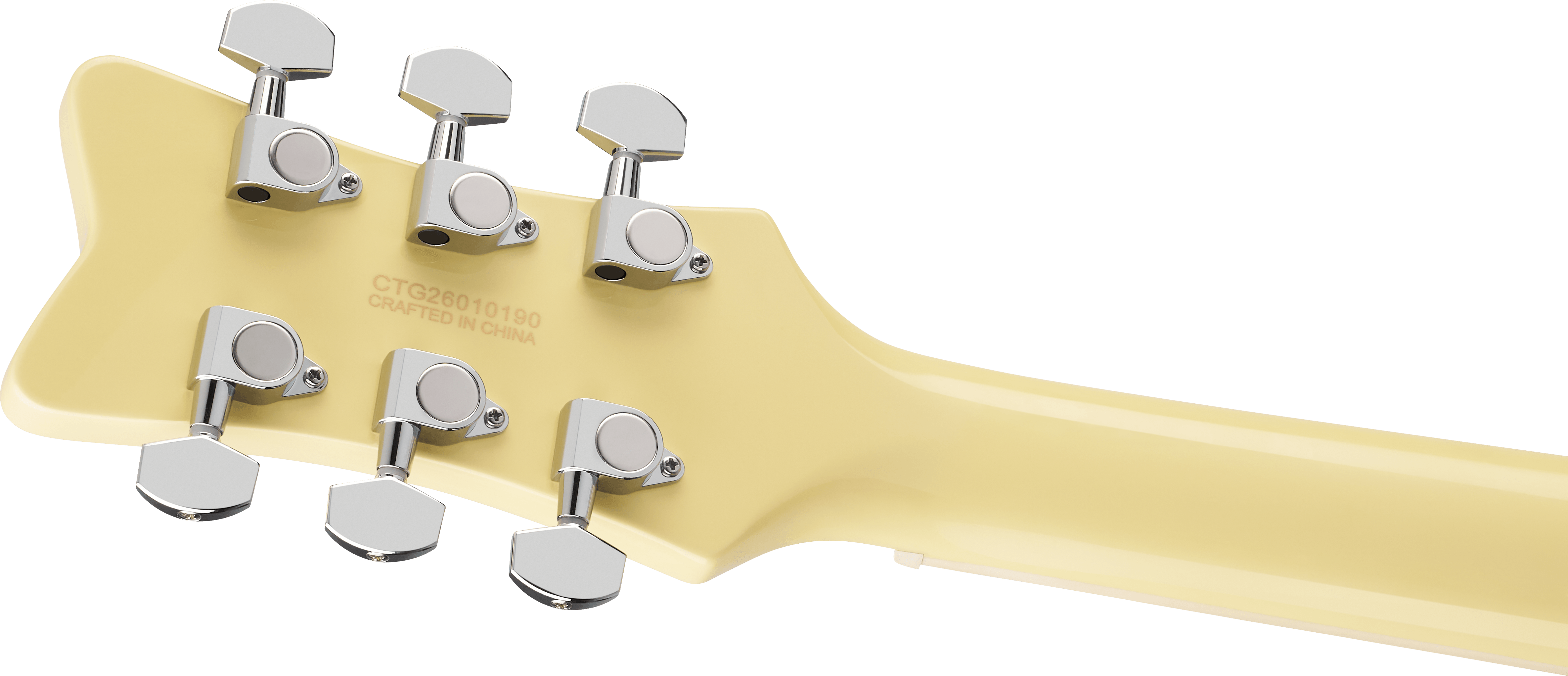 Yellow electric guitar headstock with six chrome tuning pegs and the text “Crafted in China” printed near the base of the headstock.