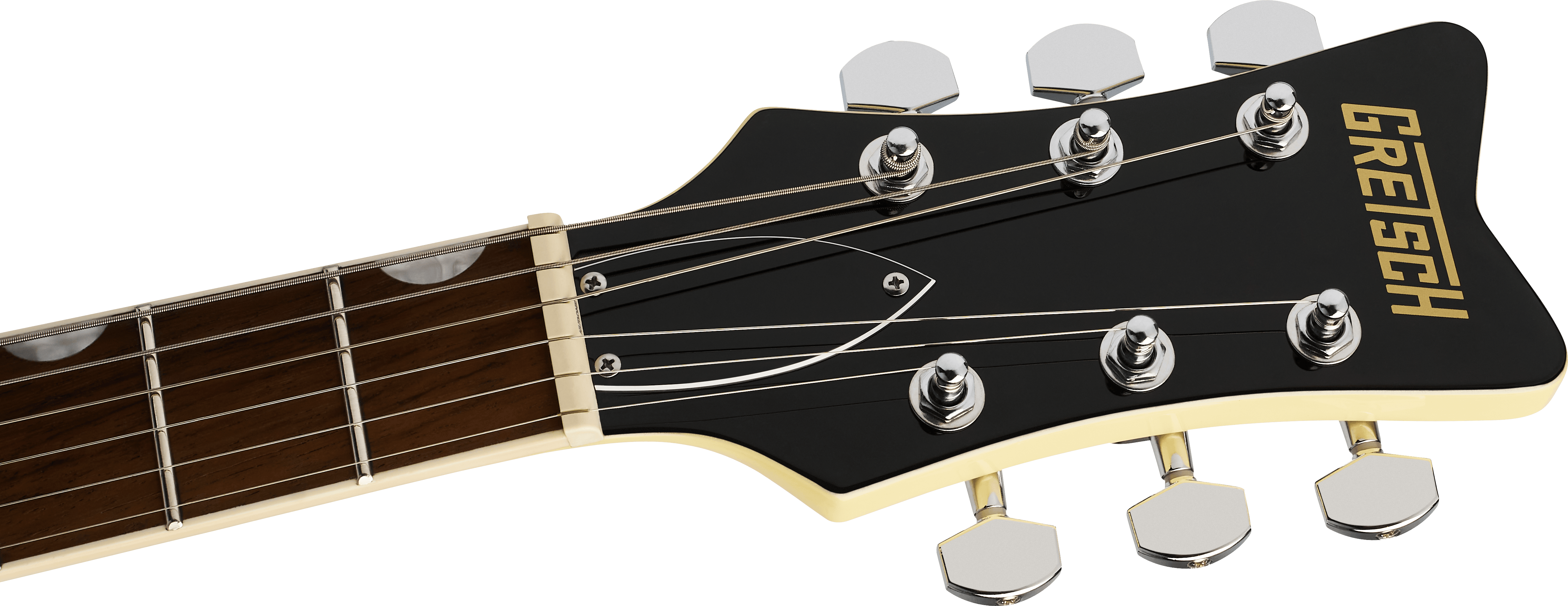 Electric guitar headstock with six tuning pegs, black surface, gold Gretsch logo, and metal strings extending down the wooden neck.
