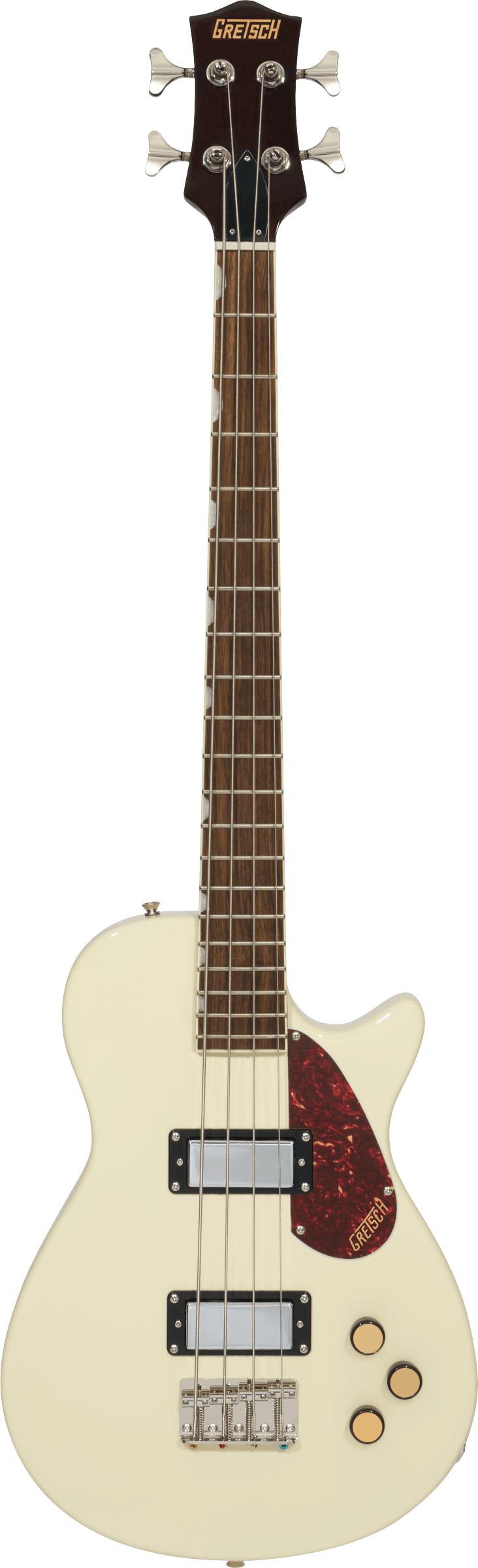 Cream-colored Gretsch bass guitar with four strings, two chrome pickups, three control knobs, and a tortoiseshell-patterned pickguard.