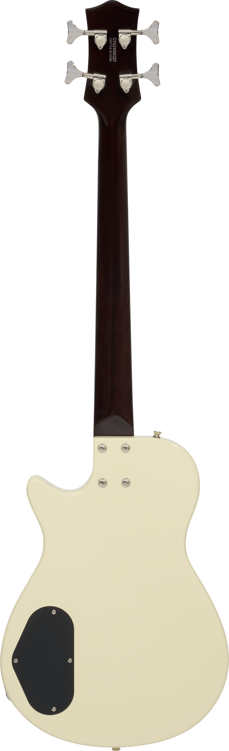 Cream-colored bass guitar seen from the back, dark brown neck, four silver tuning pegs, black electronics cover plate on lower body.