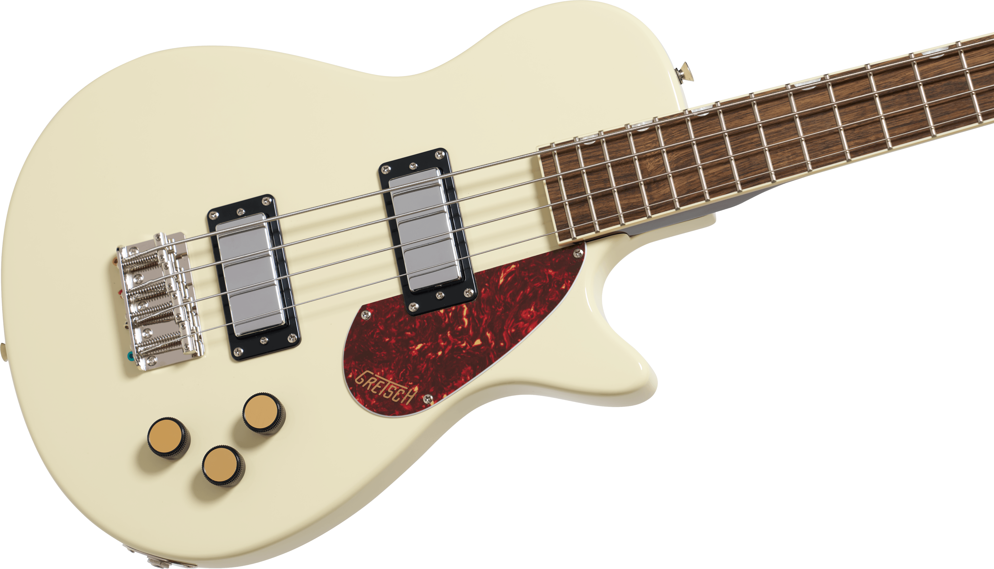 Cream-colored bass guitar with a brown pickguard, chrome bridge, two chrome pickups, three gold knobs, and a rosewood fretboard.