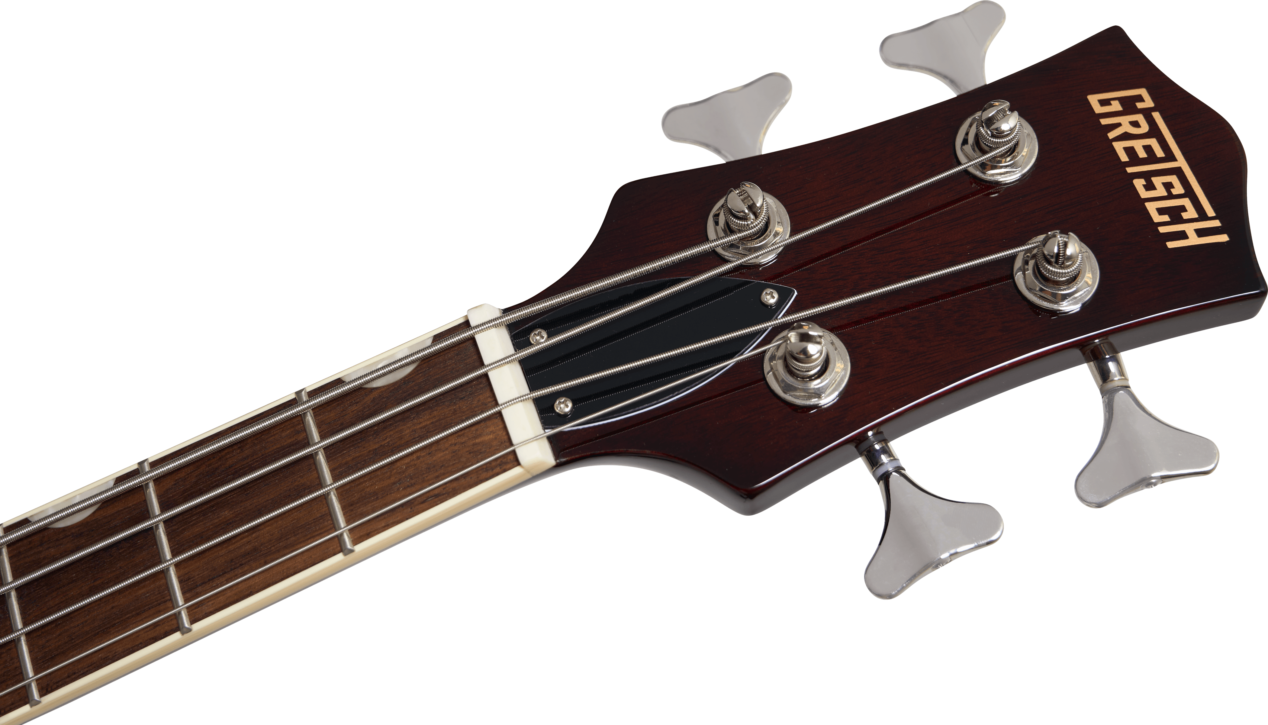 Gretsch bass guitar headstock with four tuning pegs, metal strings, dark wood finish, white trim, and the Gretsch logo in gold letters.