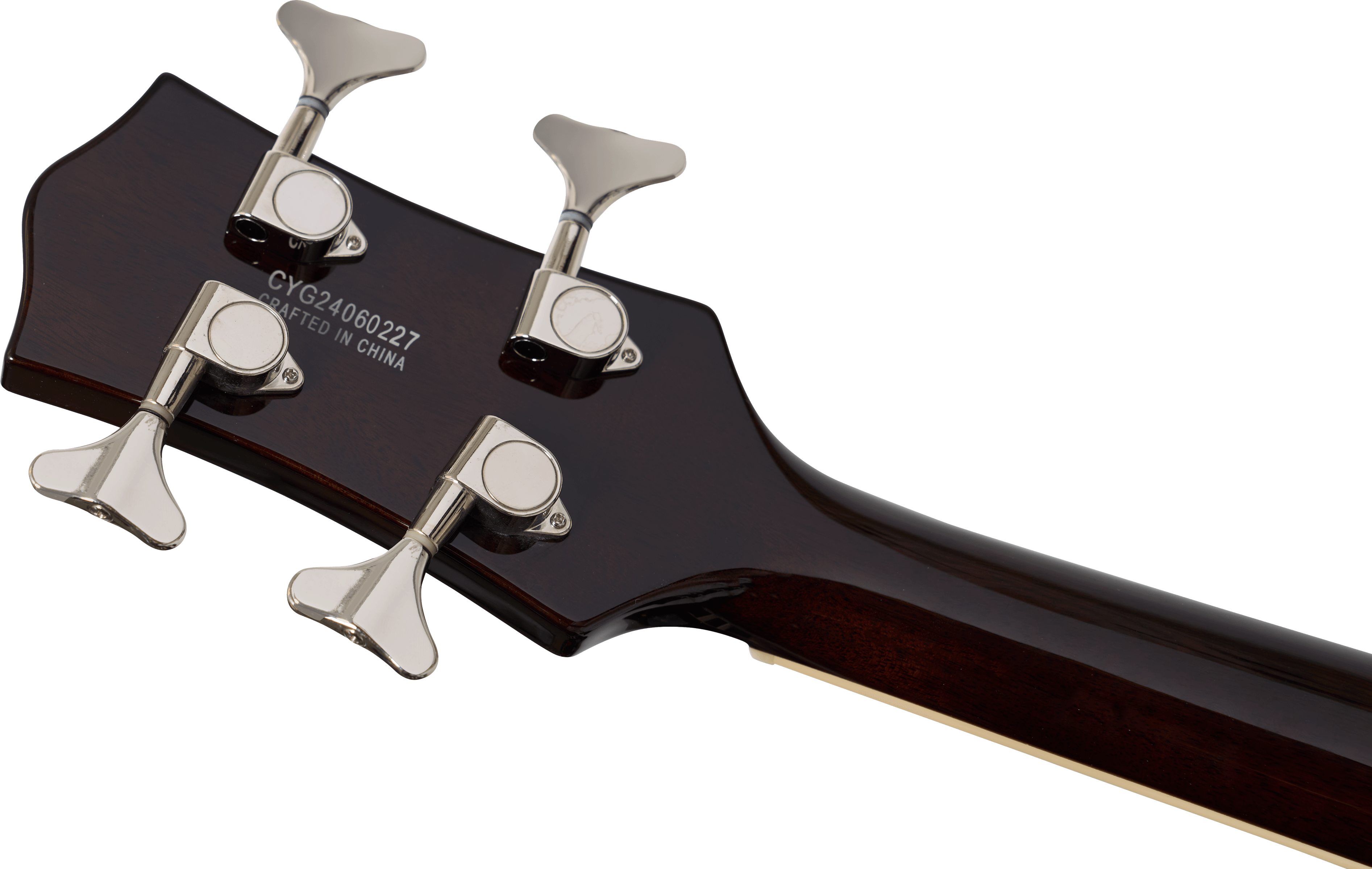 Back of a bass guitar headstock showing four metal tuning pegs on dark wood, with serial number and "Crafted in China" printed in white.