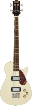 Cream-colored Gretsch bass guitar with four strings, two chrome pickups, three control knobs, and a tortoiseshell-patterned pickguard.