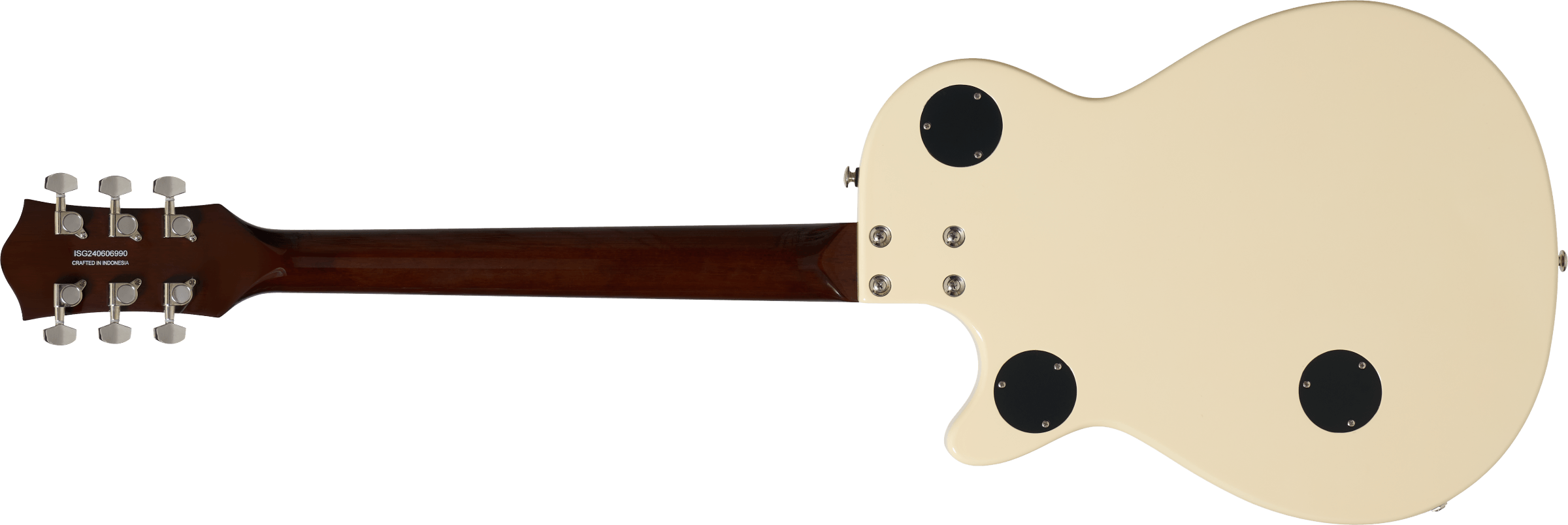Cream-colored electric guitar back, dark brown neck, silver tuners, and three round black plastic plates on the body for electronics access.