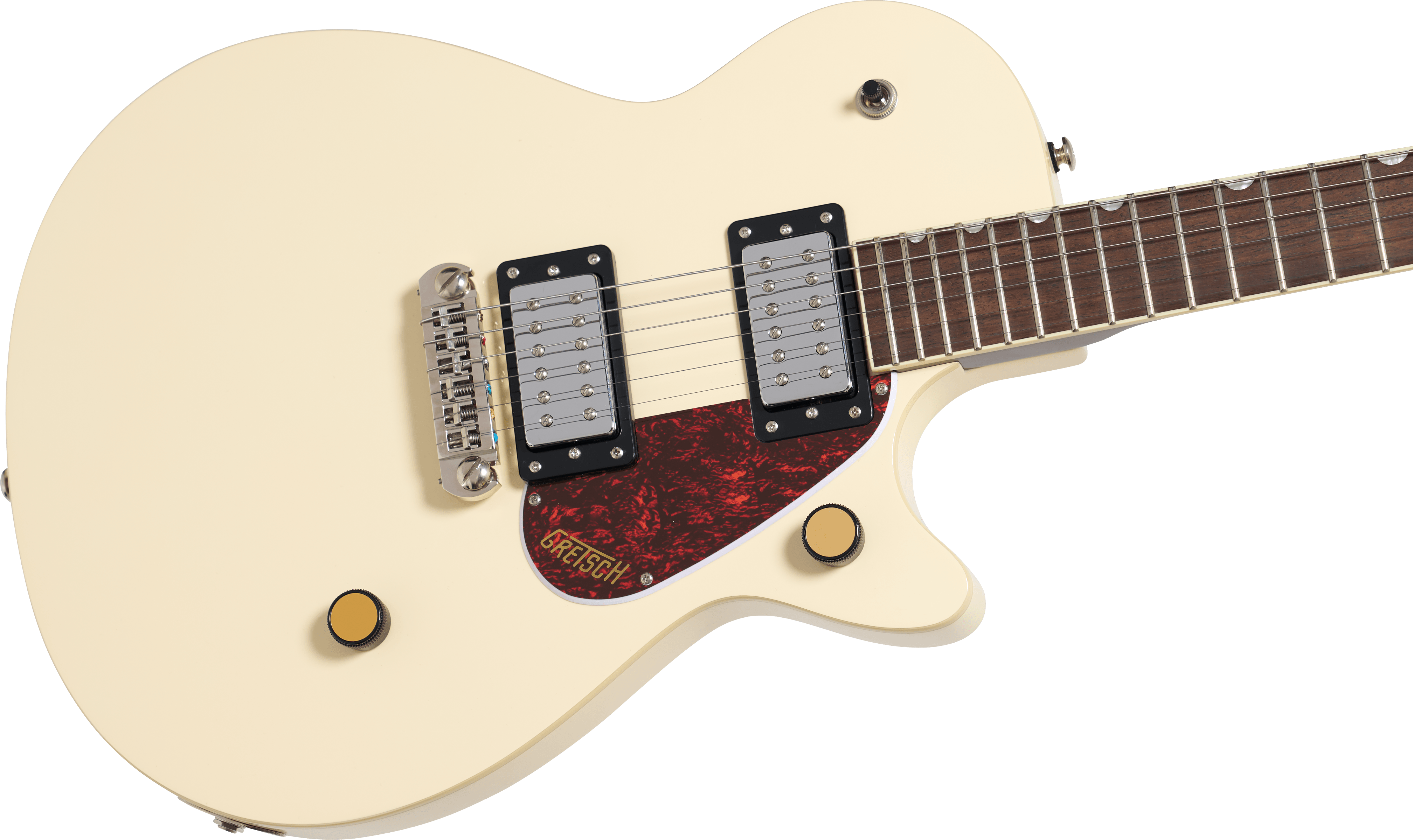 Cream-colored electric guitar with two chrome humbucker pickups, red tortoiseshell pickguard, two gold knobs, and rosewood fretboard.