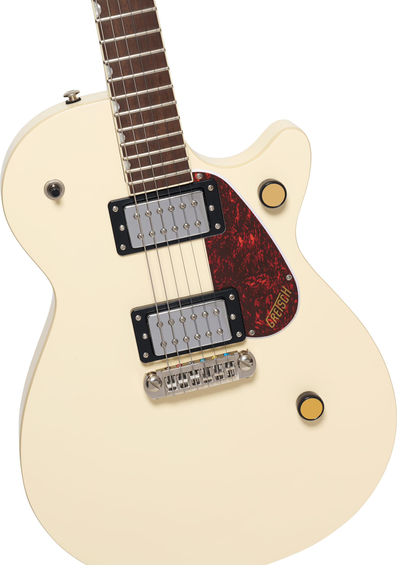 Cream-colored electric guitar with two chrome humbucker pickups, gold knobs, dark red pickguard, and a rosewood fretboard.