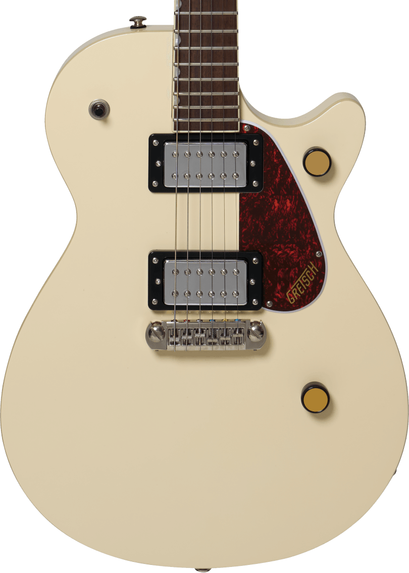Cream-colored electric guitar with two chrome humbucker pickups, three gold knobs, and a dark red pickguard labeled "Gretsch."