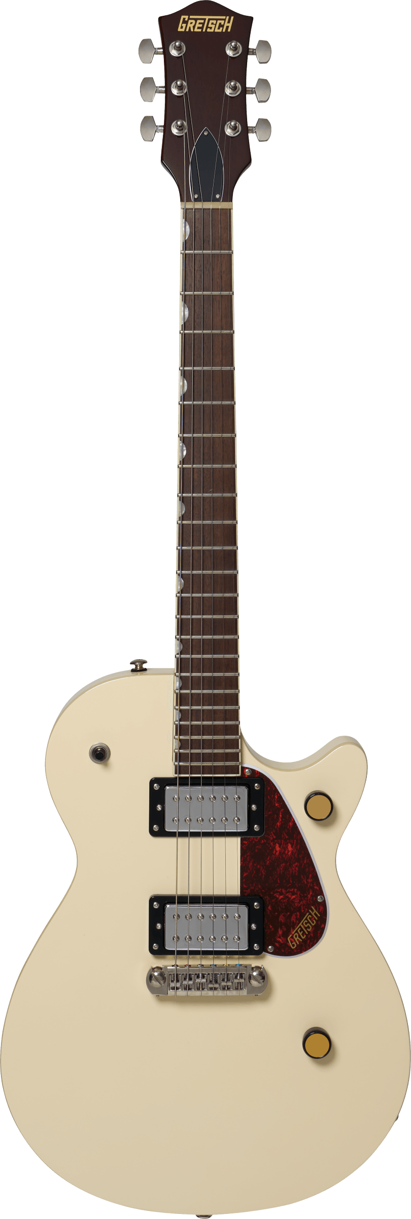 Cream-colored Gretsch electric guitar with a single cutaway, two chrome humbucker pickups, and a dark red pickguard.