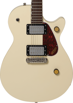 Cream-colored electric guitar with two chrome humbucker pickups, three gold knobs, and a dark red pickguard labeled 