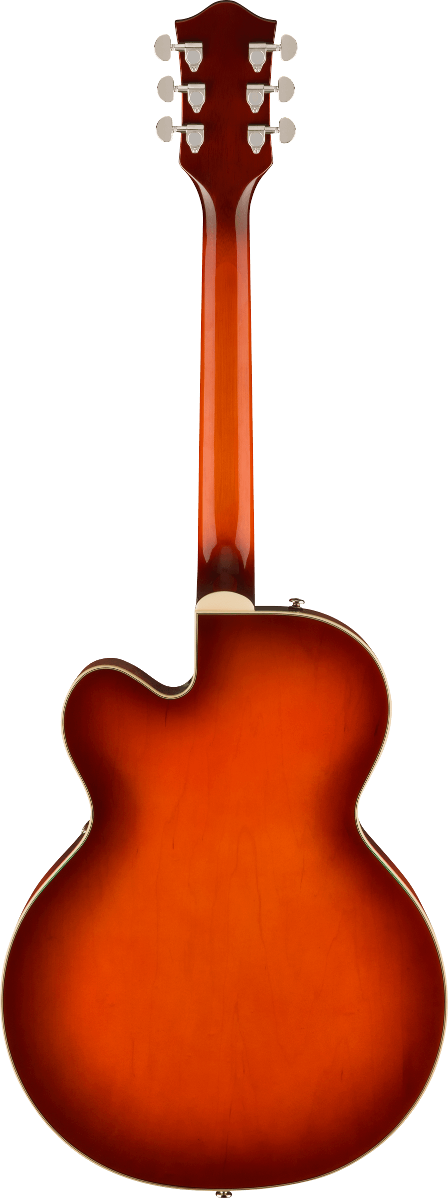 Sunburst electric guitar with a single cutaway, cream binding, and six chrome tuning pegs on the back of the headstock.
