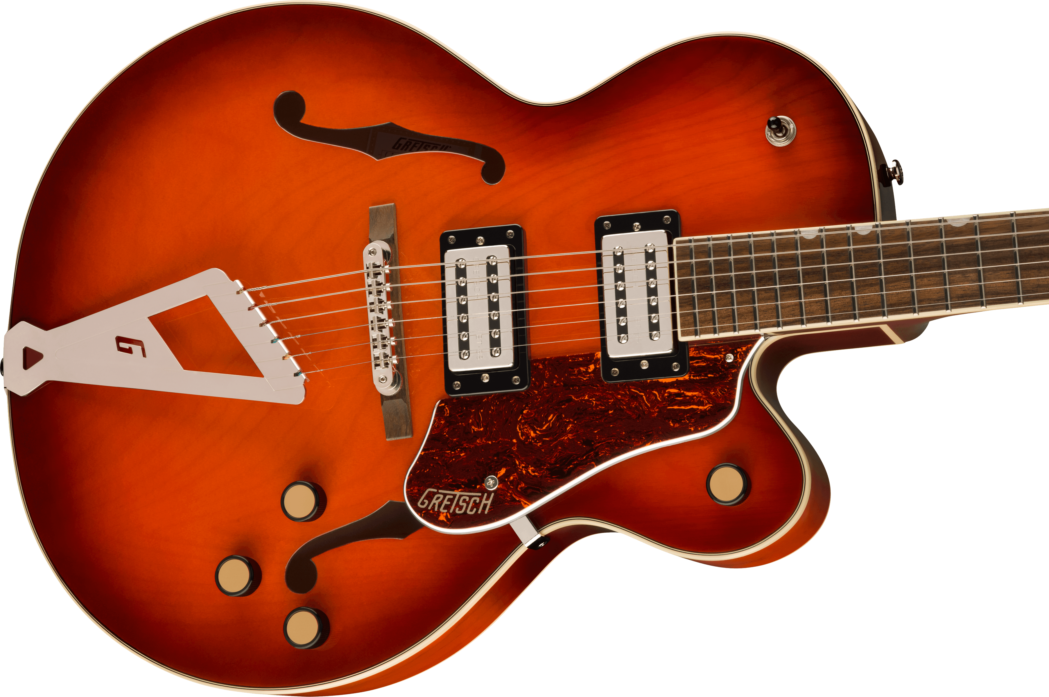 Orange sunburst semi-hollow electric guitar with two humbucker pickups, three knobs, f-holes, and a white angular tailpiece.