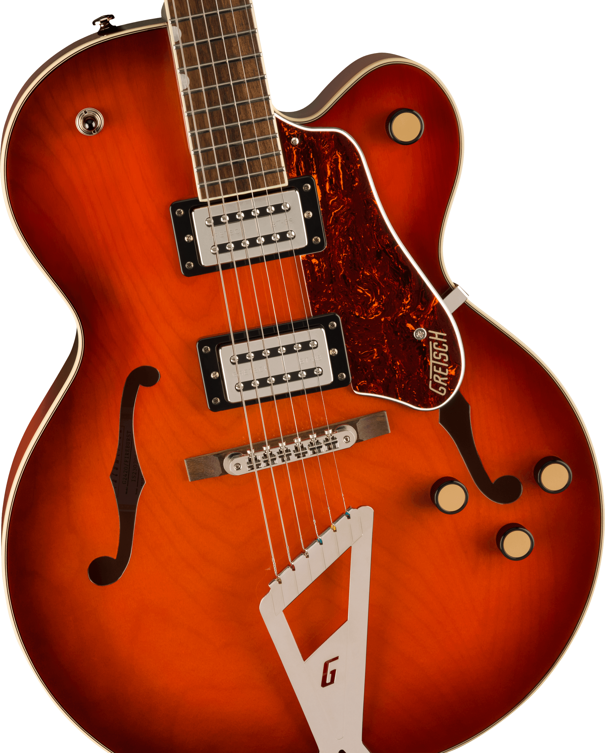 Electric guitar with a glossy orange sunburst finish, two humbucker pickups, f-holes, three control knobs, and a distinctive triangular tailpiece.