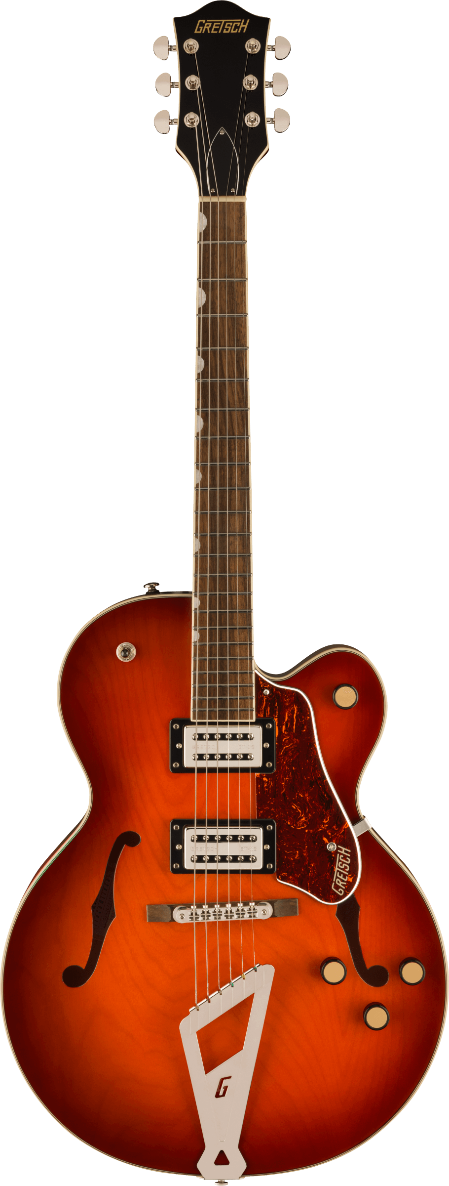Gretsch hollow body electric guitar with an orange sunburst finish, f-holes, two humbucker pickups, gold knobs, and a distinctive “G” tailpiece.