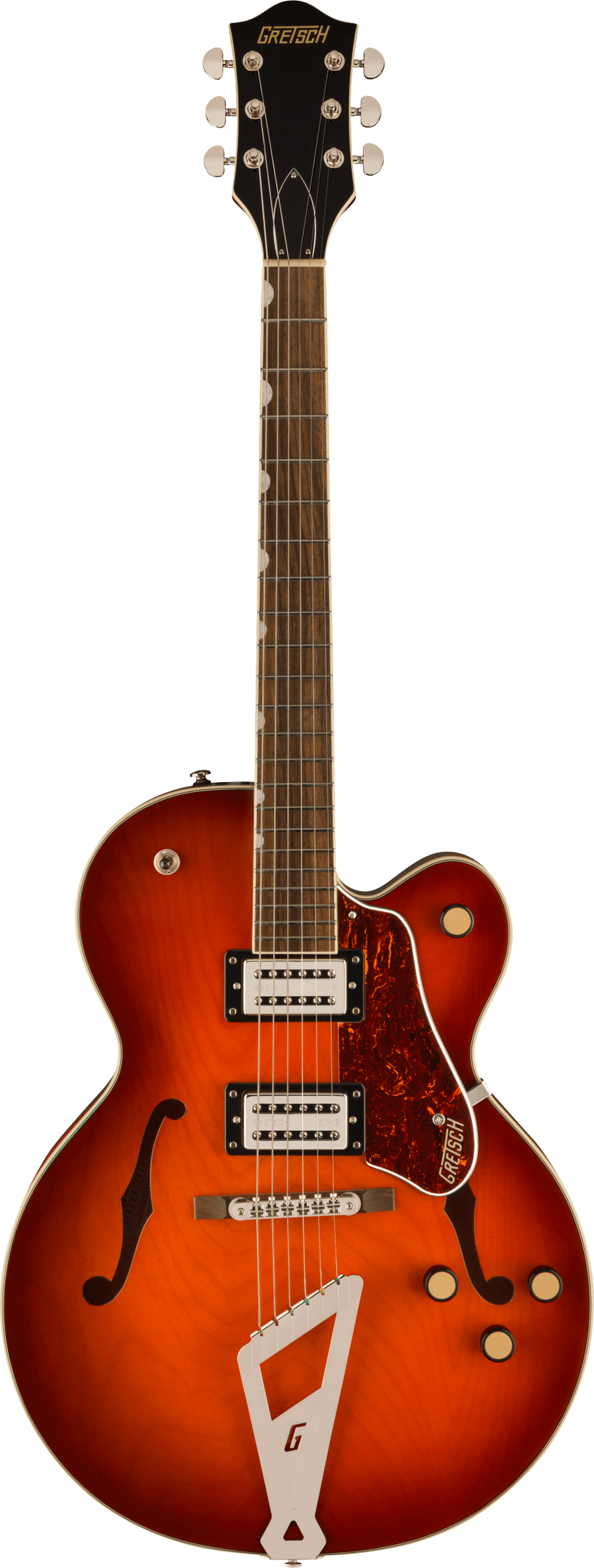 Gretsch hollow body electric guitar with an orange sunburst finish, f-holes, two humbucker pickups, gold knobs, and a distinctive “G” tailpiece.
