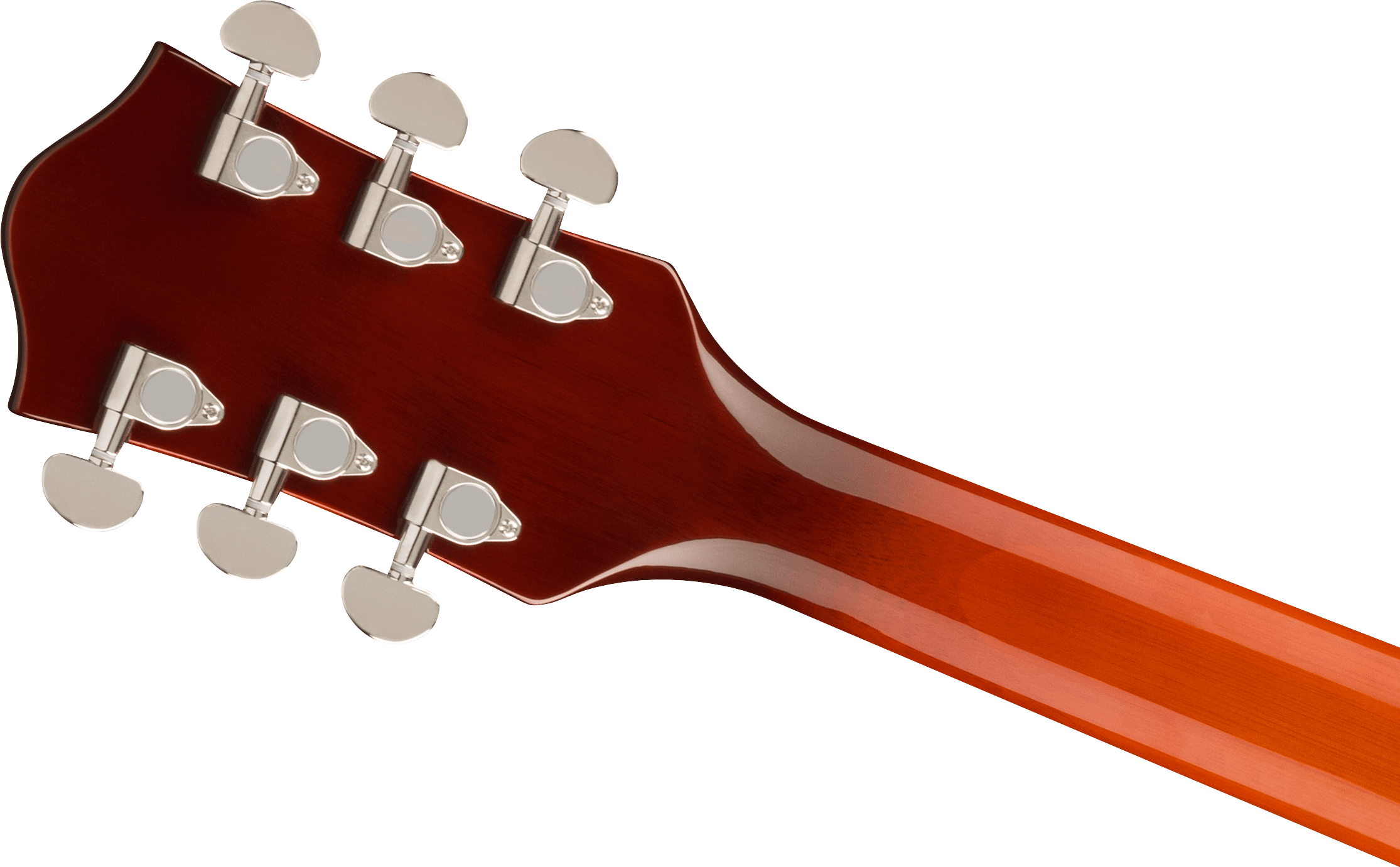 Glossy wooden electric guitar neck and headstock with six metal tuning pegs arranged three on each side.