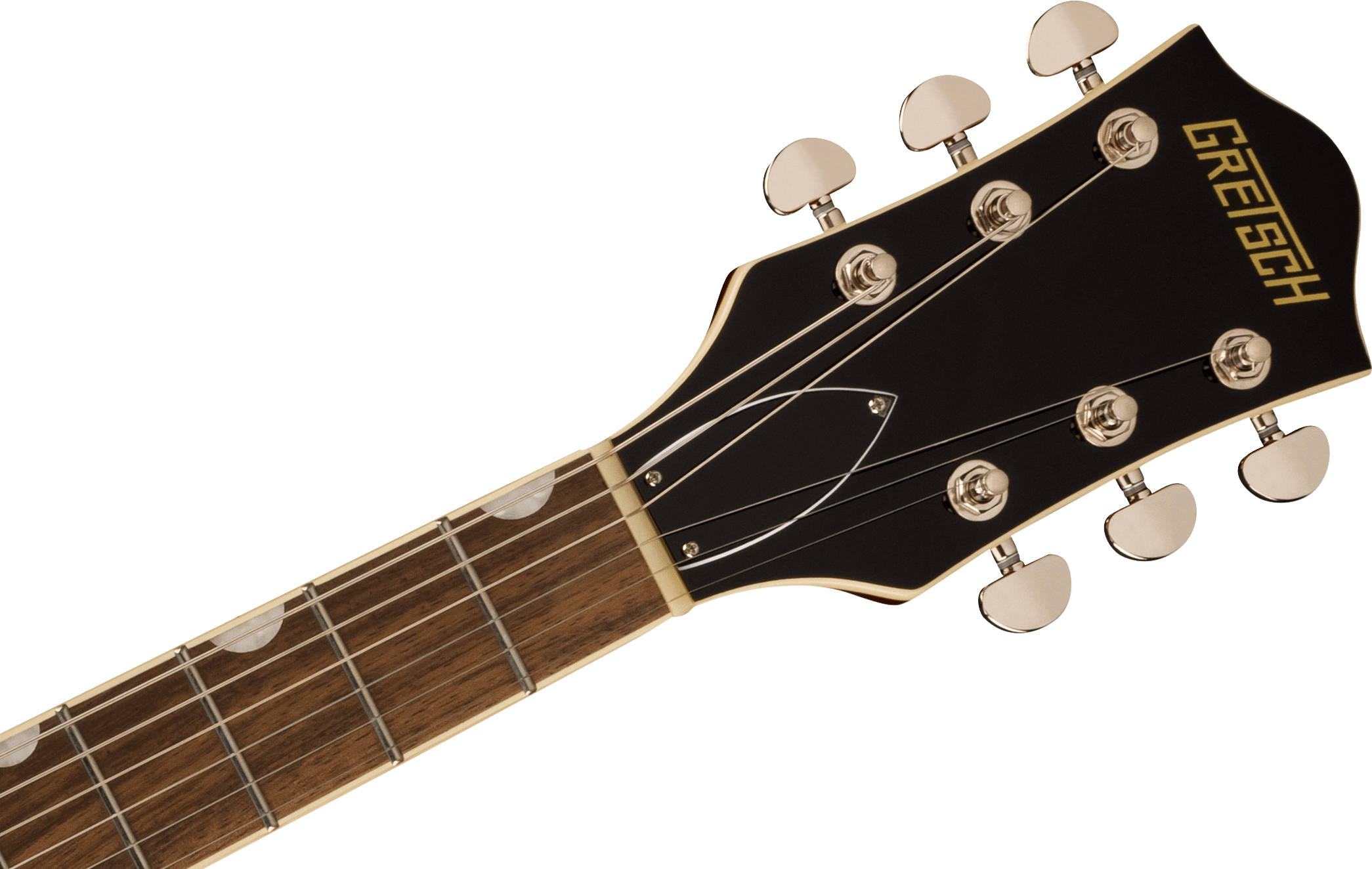 Gretsch electric guitar headstock with six tuning pegs, dark wood fretboard, white dot inlays, and "GRETSCH" logo in gold letters.