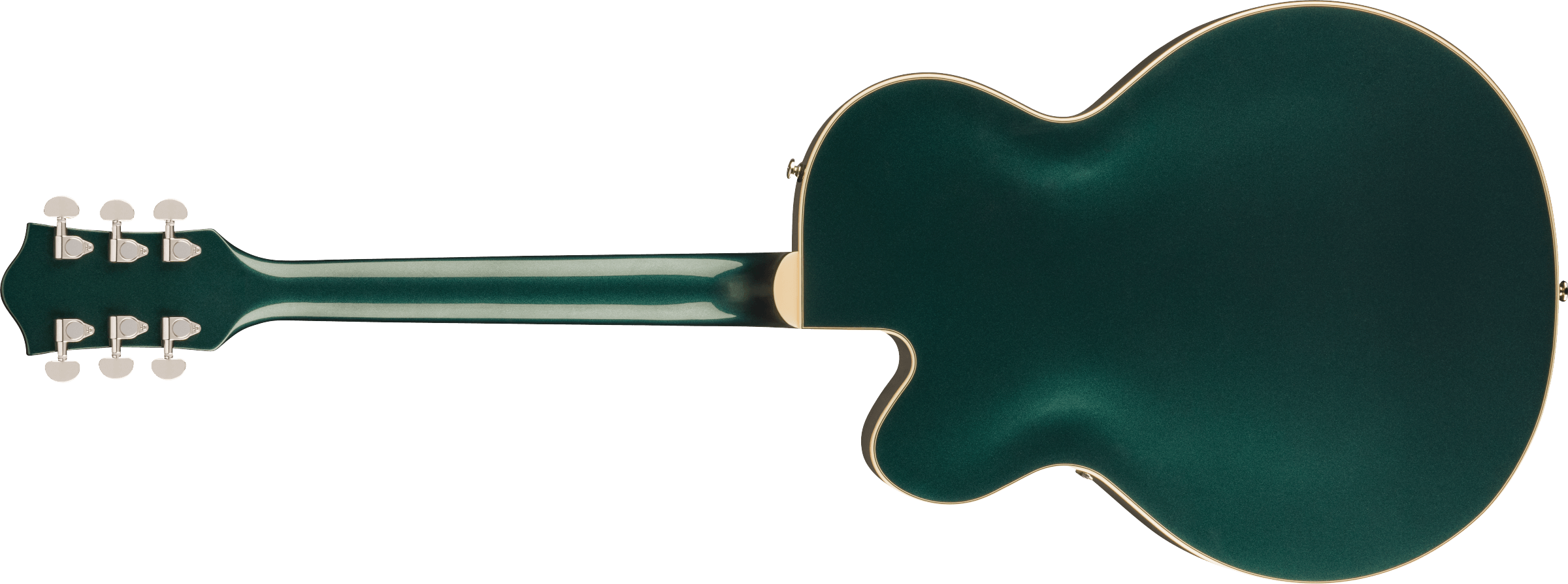 Gretsch hollow body electric guitar in metallic green, shown from the back with silver tuning pegs and cream binding along the edges.