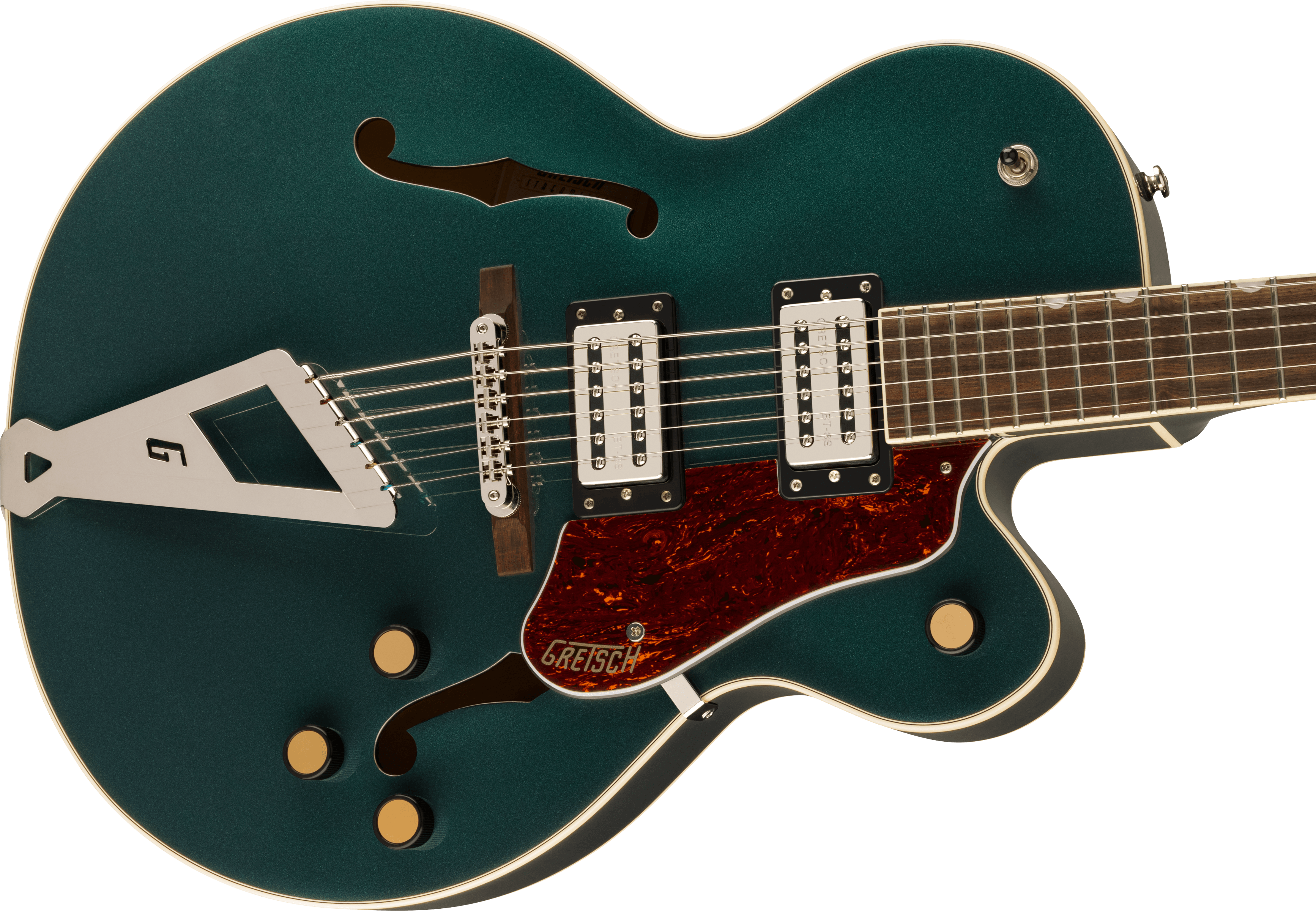 Dark green Gretsch hollow body electric guitar with two pickups, gold knobs, tortoiseshell pickguard, and a silver G-shaped tailpiece.