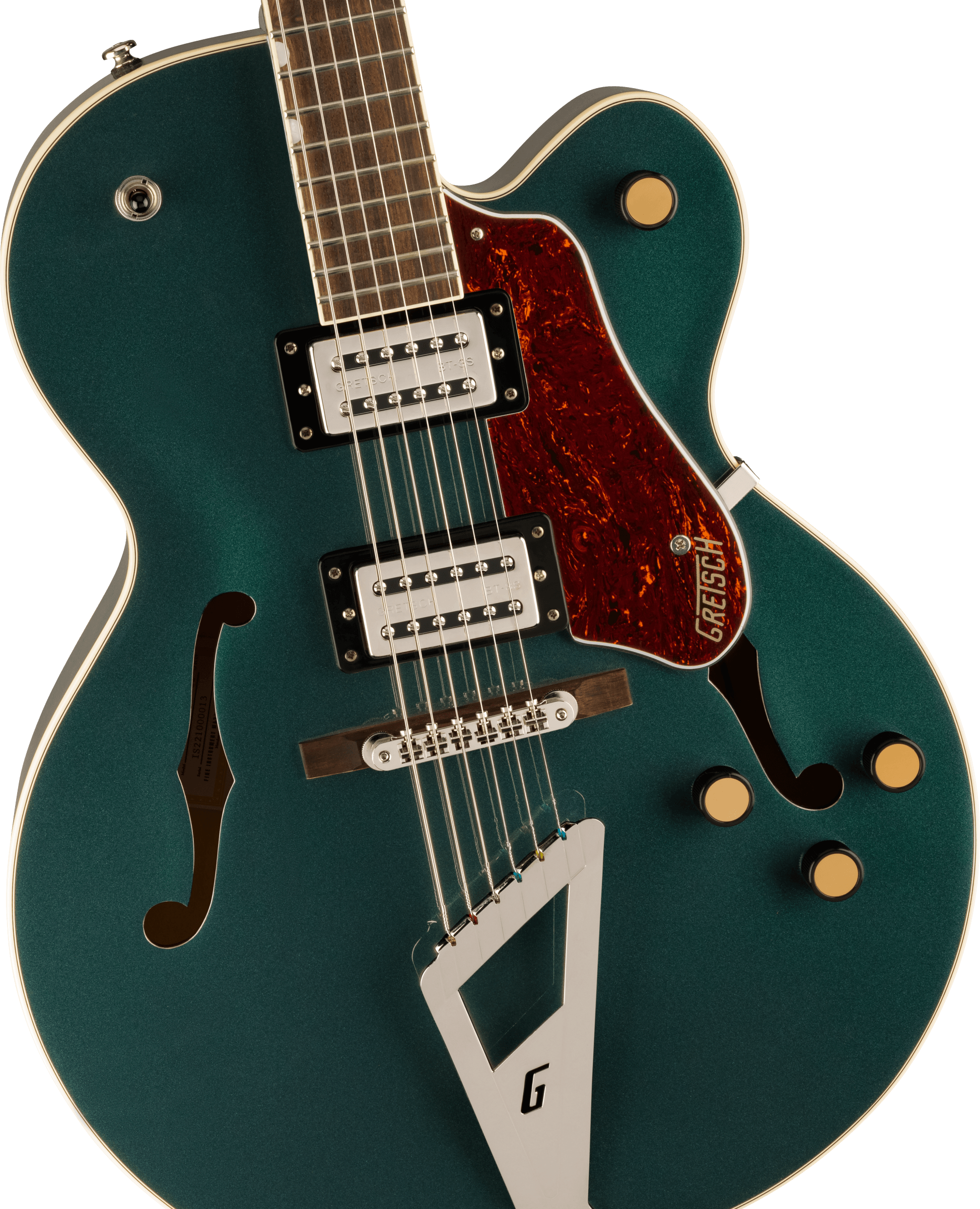 Teal Gretsch hollow body electric guitar with two pickups, gold control knobs, tortoiseshell pickguard, and a silver G-shaped tailpiece.
