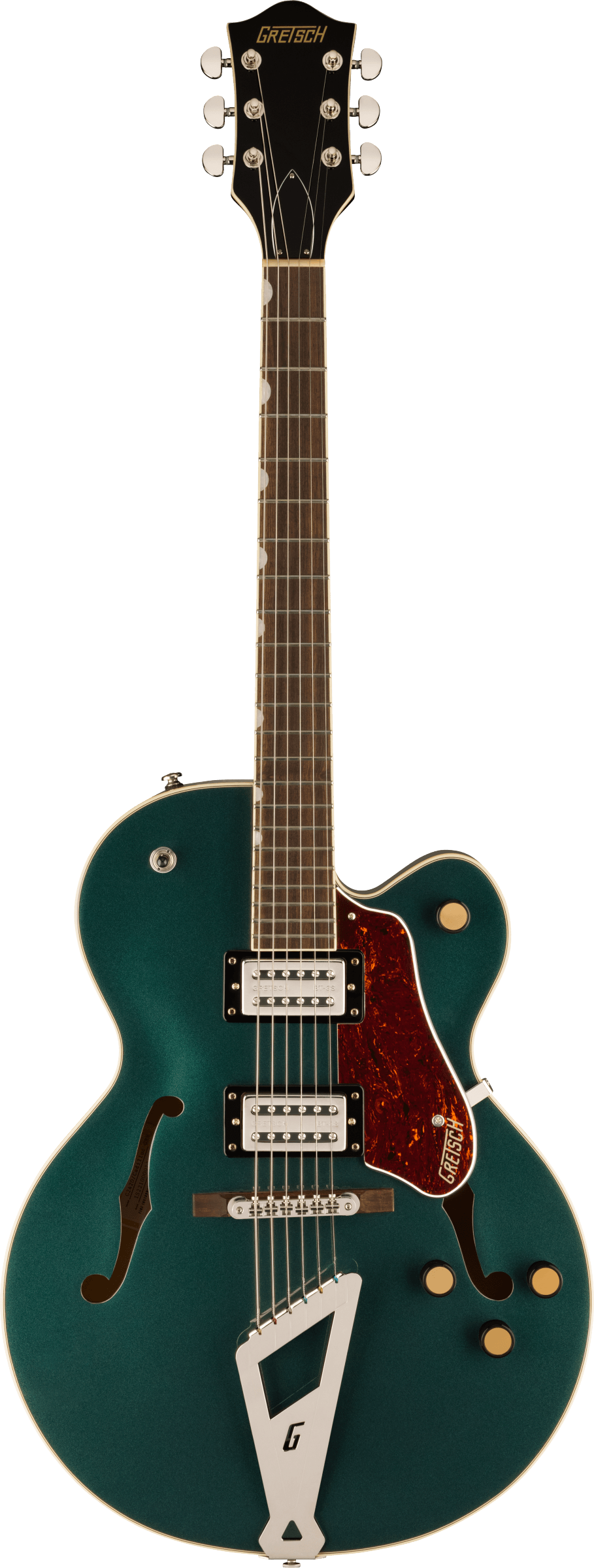 Gretsch hollow body electric guitar, metallic teal finish, two pickups, tortoiseshell pickguard, gold knobs, silver tailpiece with cutout G.