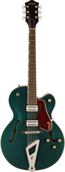 Gretsch hollow body electric guitar, metallic teal finish, two pickups, tortoiseshell pickguard, gold knobs, silver tailpiece with cutout G.