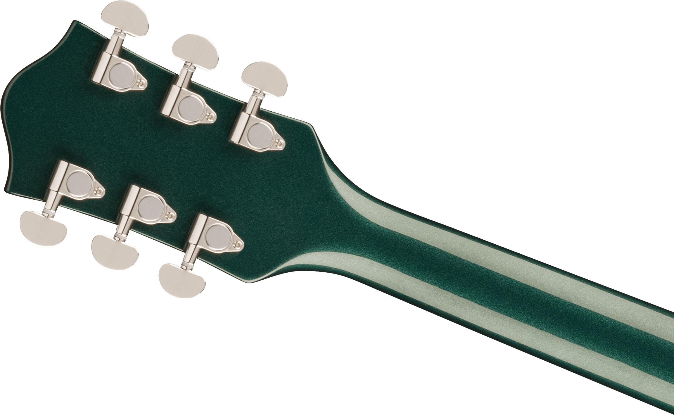 Green Gretsch guitar headstock and neck with six silver tuning pegs and a lighter green racing stripe down the middle.
