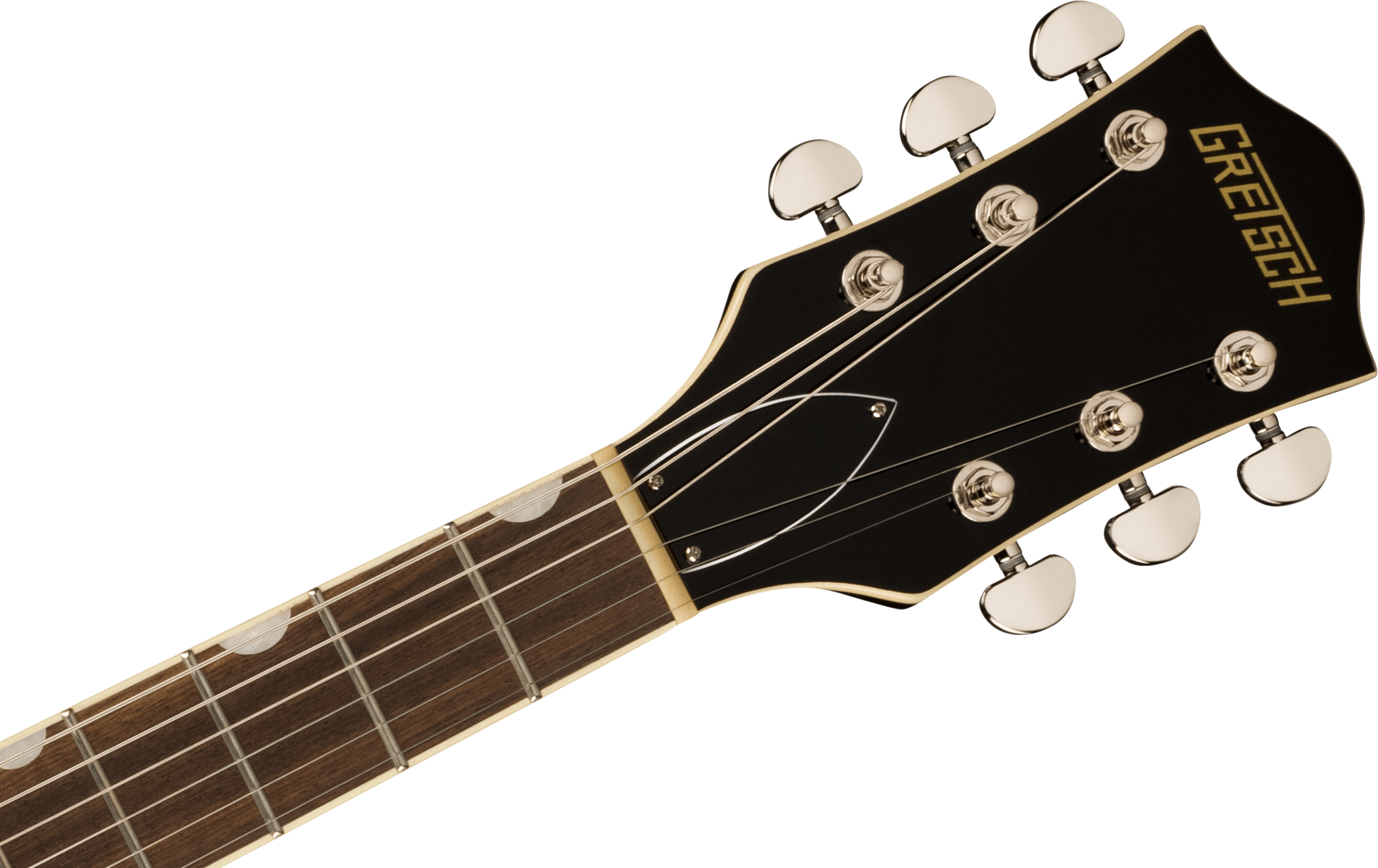 Black Gretsch guitar headstock with six silver tuning pegs, cream binding, and part of a rosewood fretboard with pearl inlays.