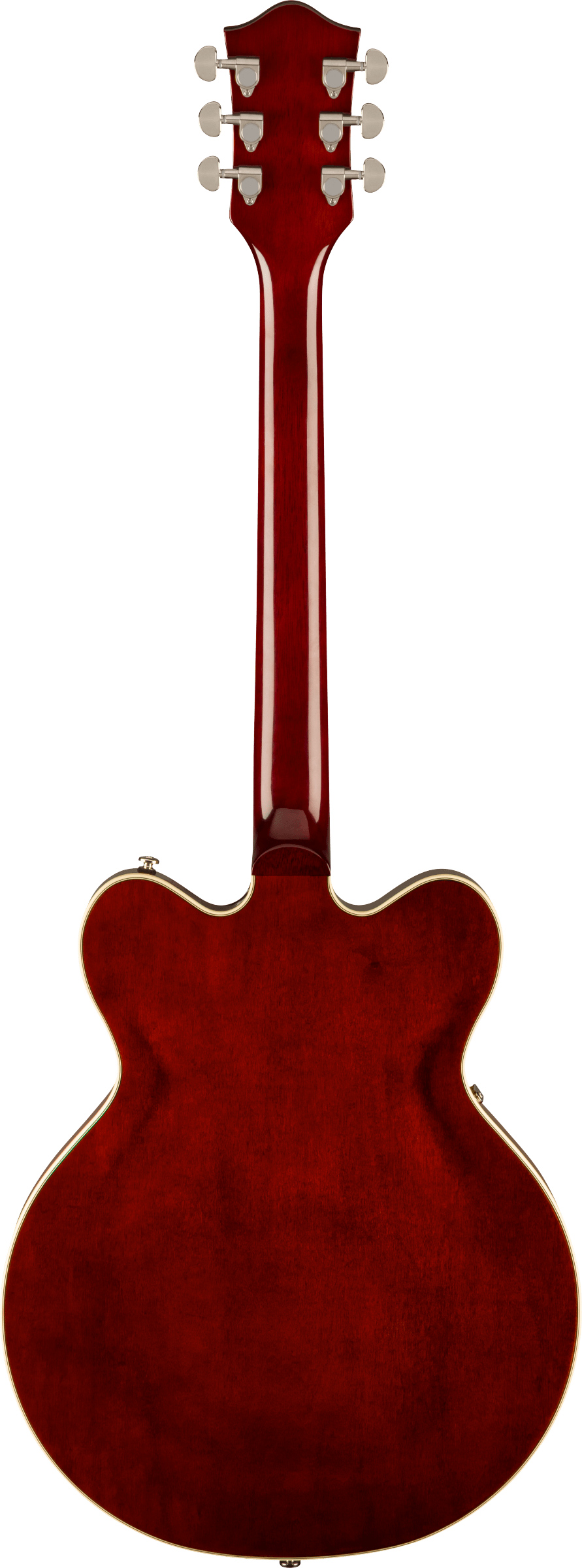 Guitare électrique demi-caisse, vue de dos, bois rouge verni, contours crème, six mécaniques chromées, forme arrondie avec deux découpes.