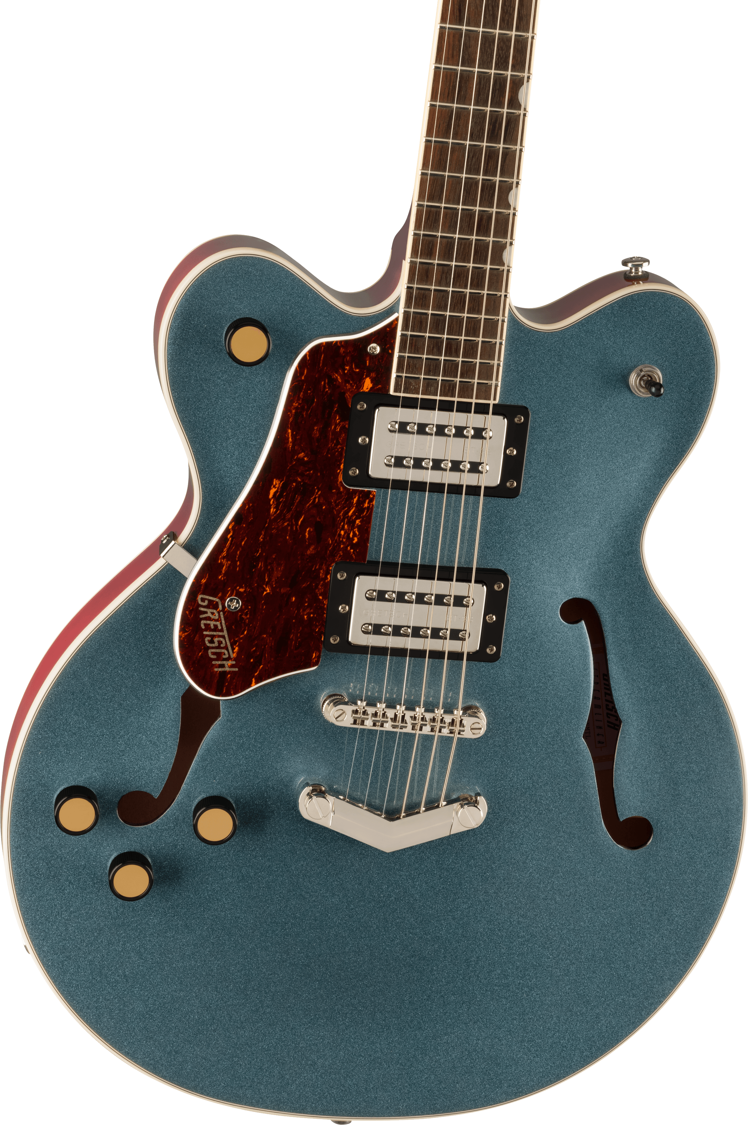Guitare électrique bleu métallisé à caisse creuse, deux micros chromés, plaque de protection marron, trois boutons dorés et ouïes en forme de f sur la table.