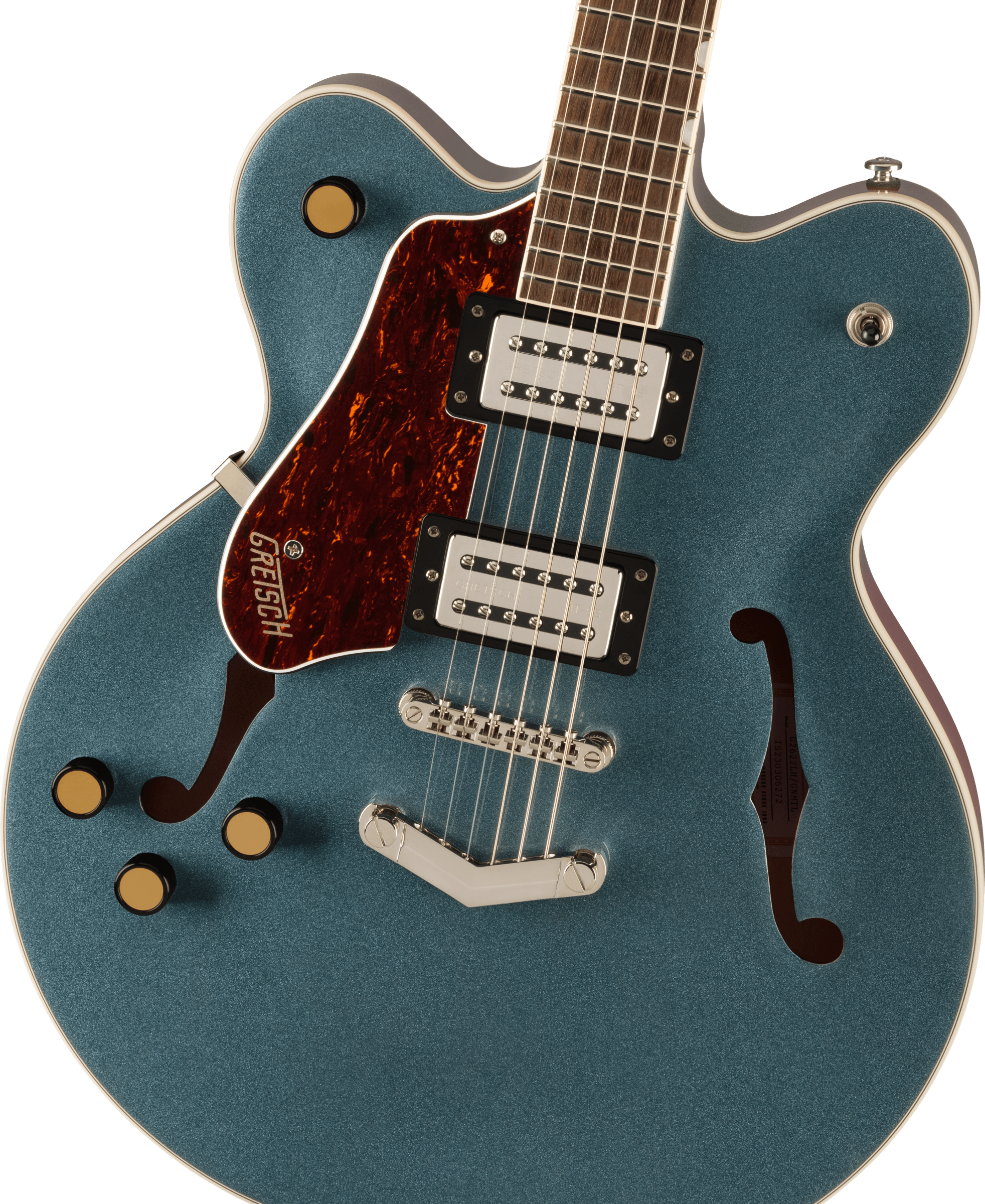 Guitare électrique bleu métallisé, corps semi-creux avec deux ouïes en f, quatre boutons dorés et un pickguard marron imitation écaille.