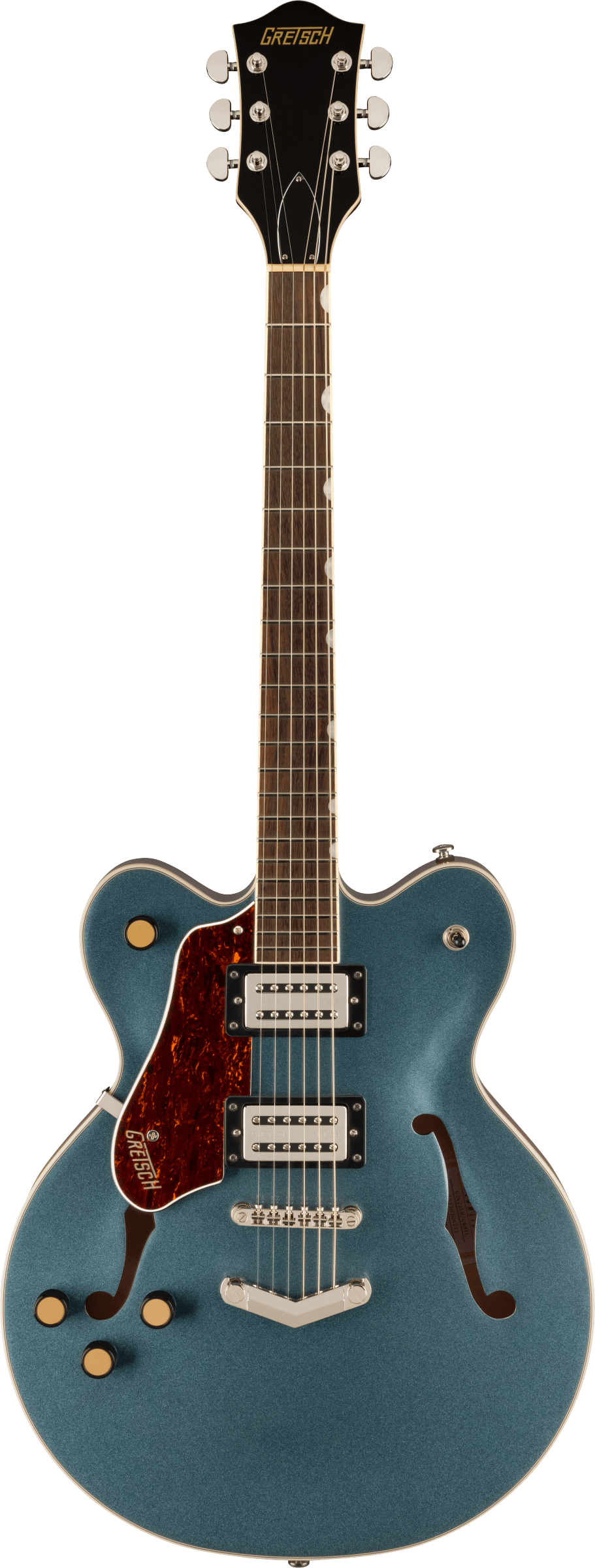 Guitare électrique demi-caisse bleue avec deux micros, quatre boutons dorés, deux ouïes en F et un pickguard marron.