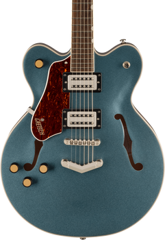 Blue semi-hollow electric guitar with two pickups, four gold knobs, f-shaped sound holes, and a brown pickguard labeled Gretsch.