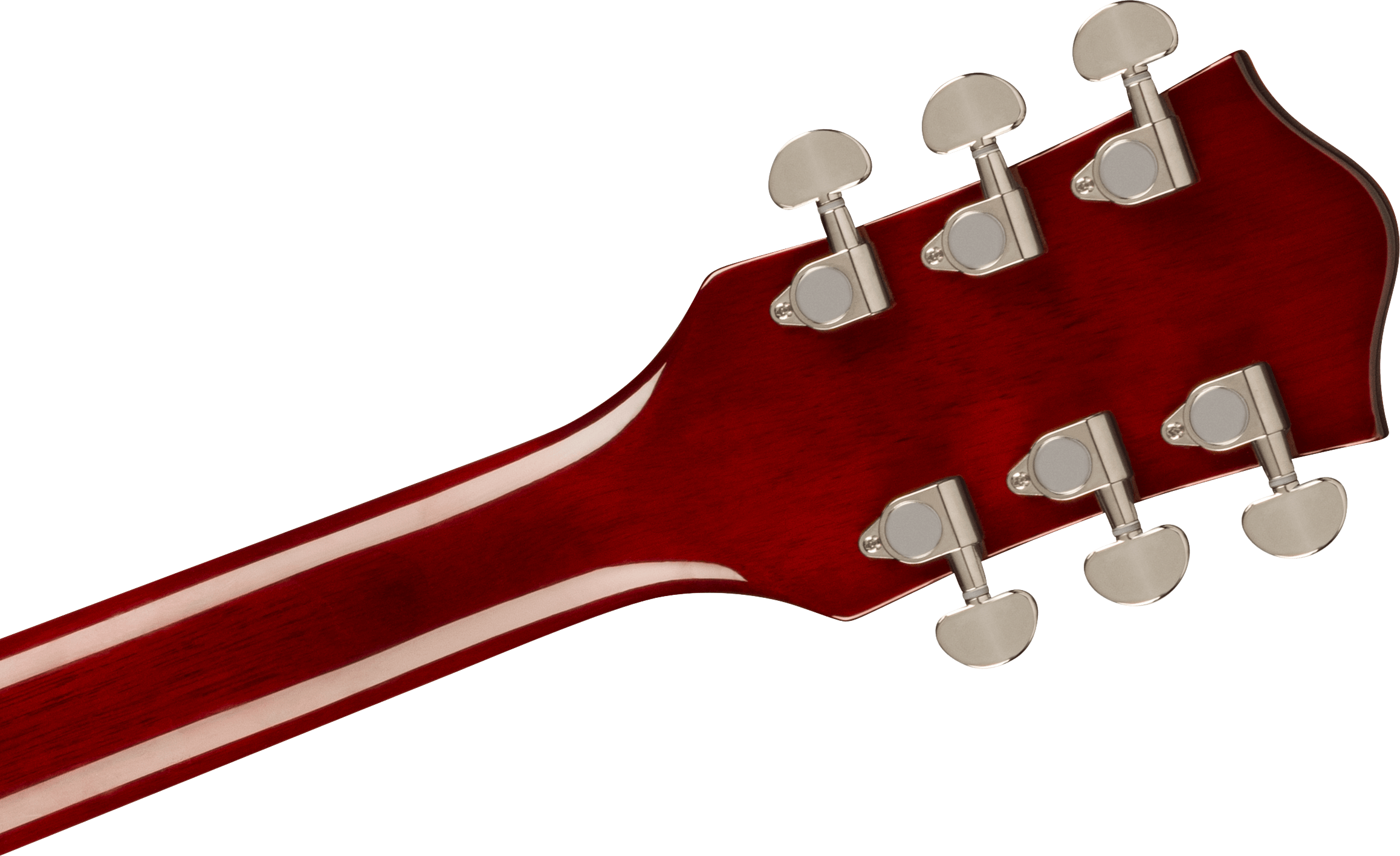 Tête d’une guitare électrique rouge brillante avec six mécaniques argentées alignées, manche à bande centrale claire.